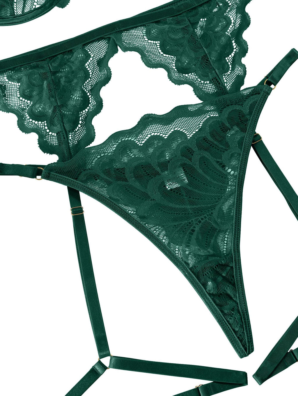 Lilosy Sexy Choker Floral Lace Scallop Sheer Underwire Push Up Garter Belt Lingerie Set 3 Piece for Women See Through Bachelorette Bra and Panty Army Green Medium