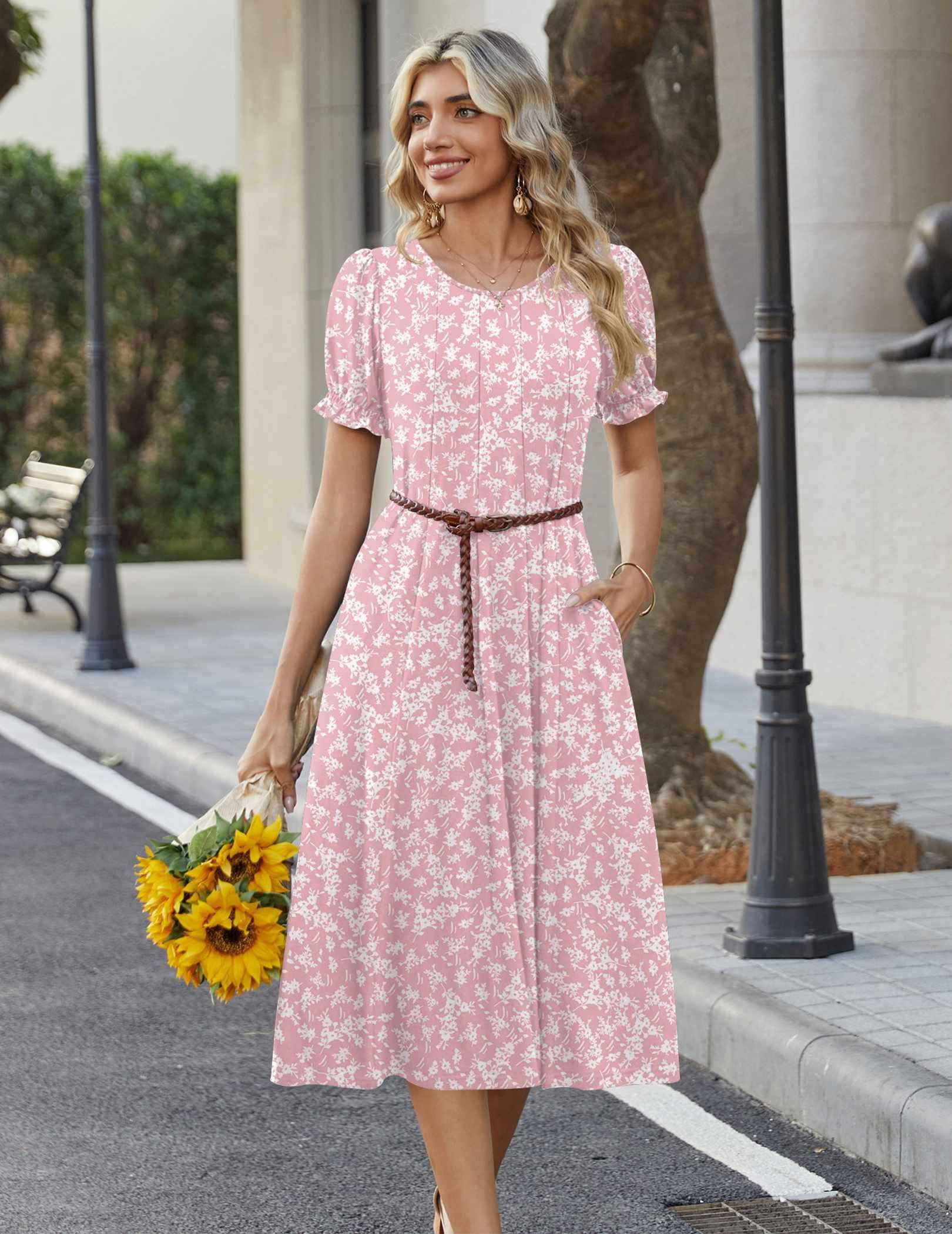 Zeagoo Womens Spring Midi Dress with Pockets Pink Floral Dresses Short Sleeve Casual Dress 2026 Long Sundress, Pink Floral,M