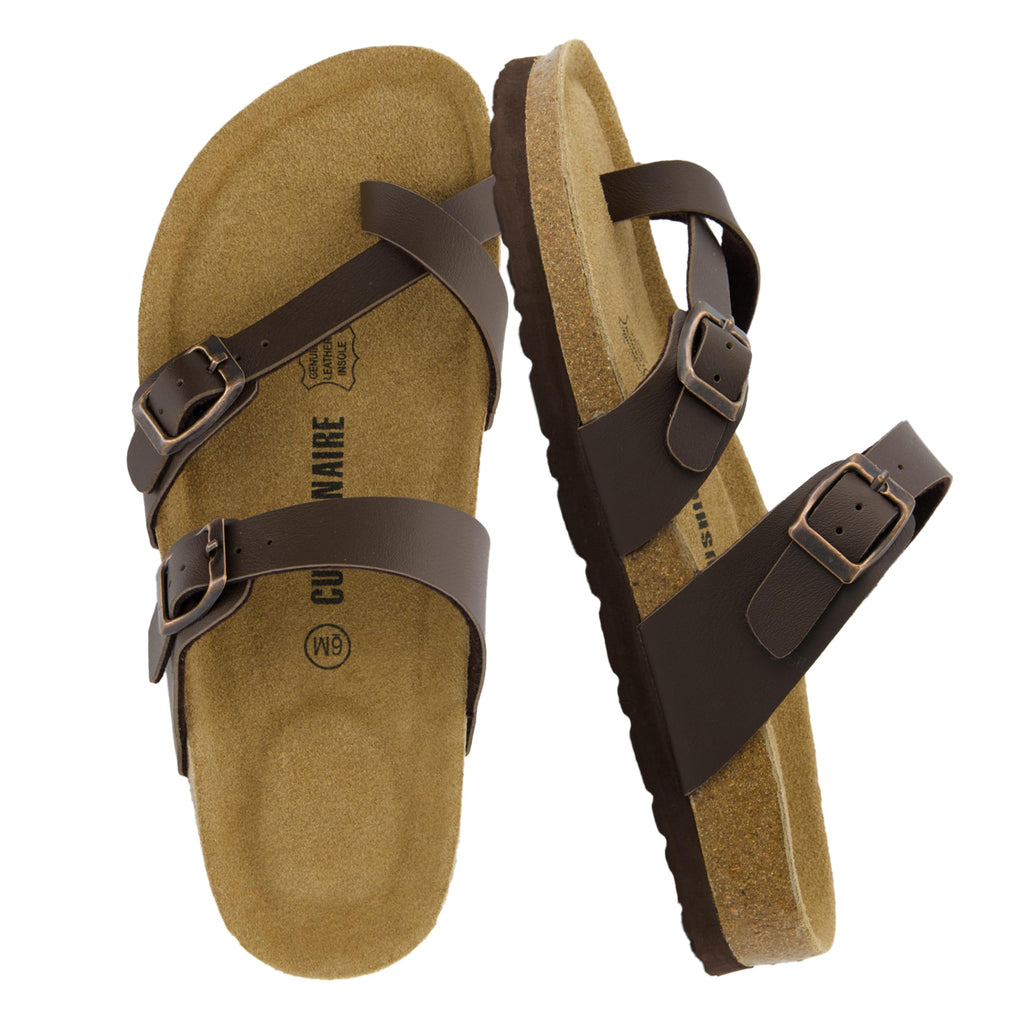 CUSHIONAIRE Luna Sandals for Women, Cork Footbed Womens Sandals for Summer Comfort with Adjustable Straps, Wide Width Available, BROWN 10