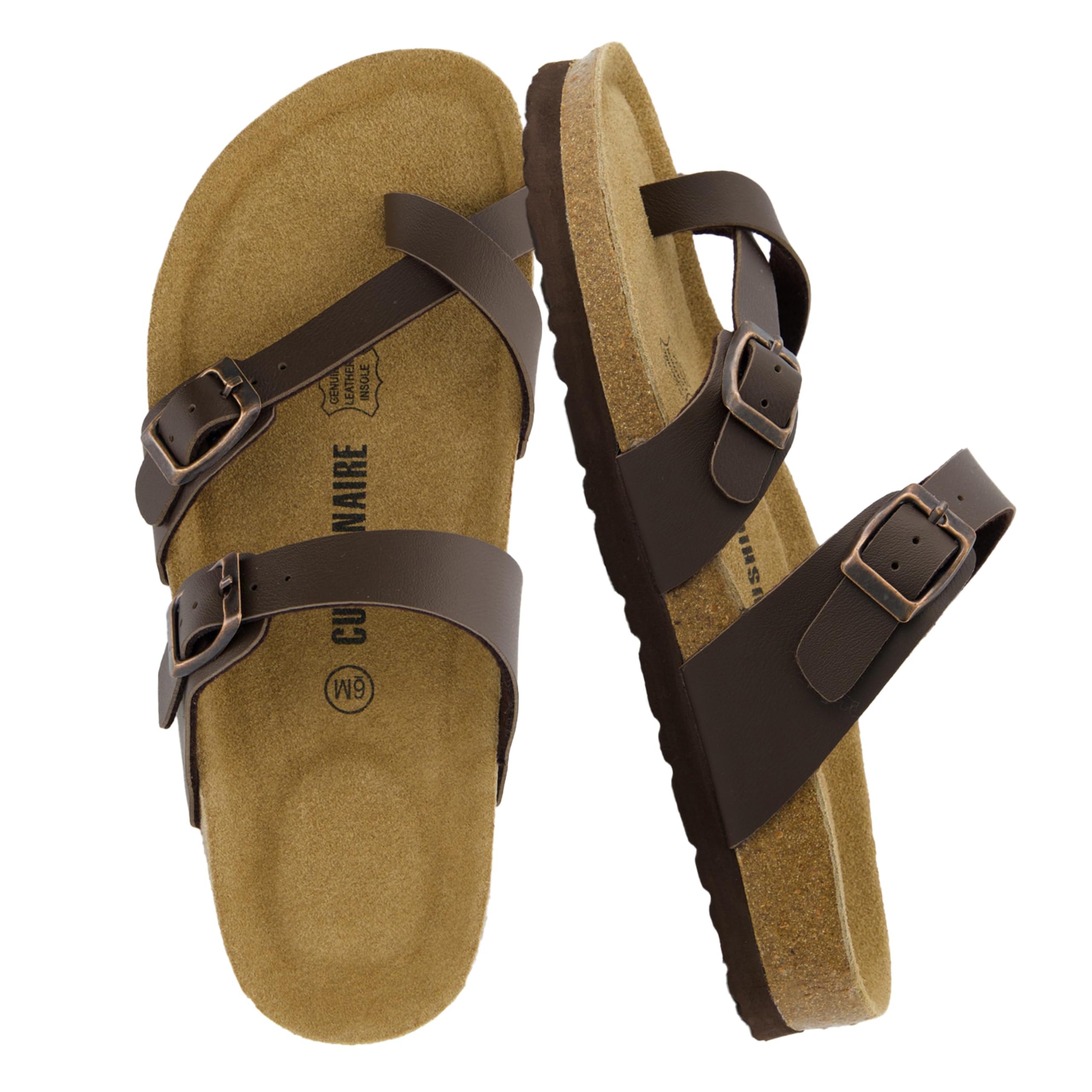 CUSHIONAIRE Luna Sandals for Women, Cork Footbed Womens Sandals for Summer Comfort with Adjustable Straps, Wide Width Available, BROWN 10
