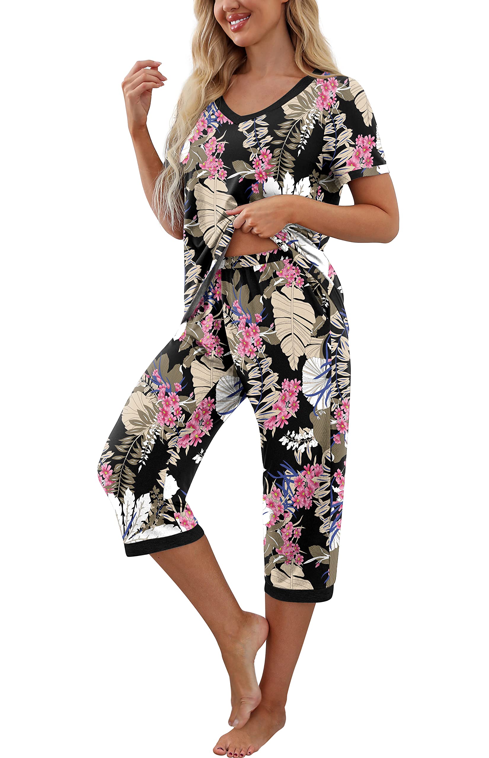 PrinStory Womens Pajama Sets Summer Ladies Pjs 2 Piece Loungewear Capri with Pockets 2XL,FP-Big Leaf Pink