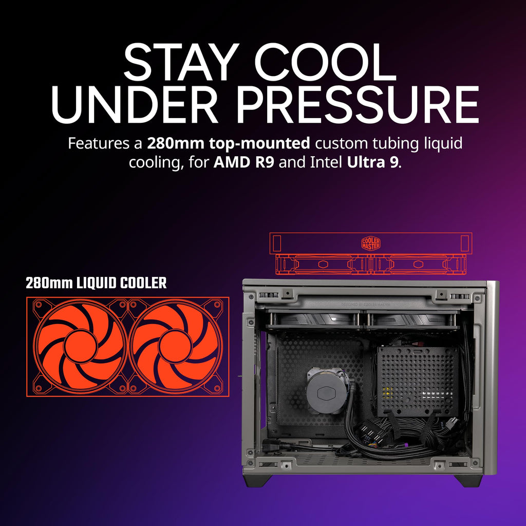 Cooler Master NR200P MAX V2 Mini-ITX PC Case Bundle – Includes 280mm AIO Liquid Cooler + 850W SFX 80 Plus Gold Power Supply PCIe 5.1 Ready PSU + PCIe 4.0 Riser Cable, Vertical GPU Mount