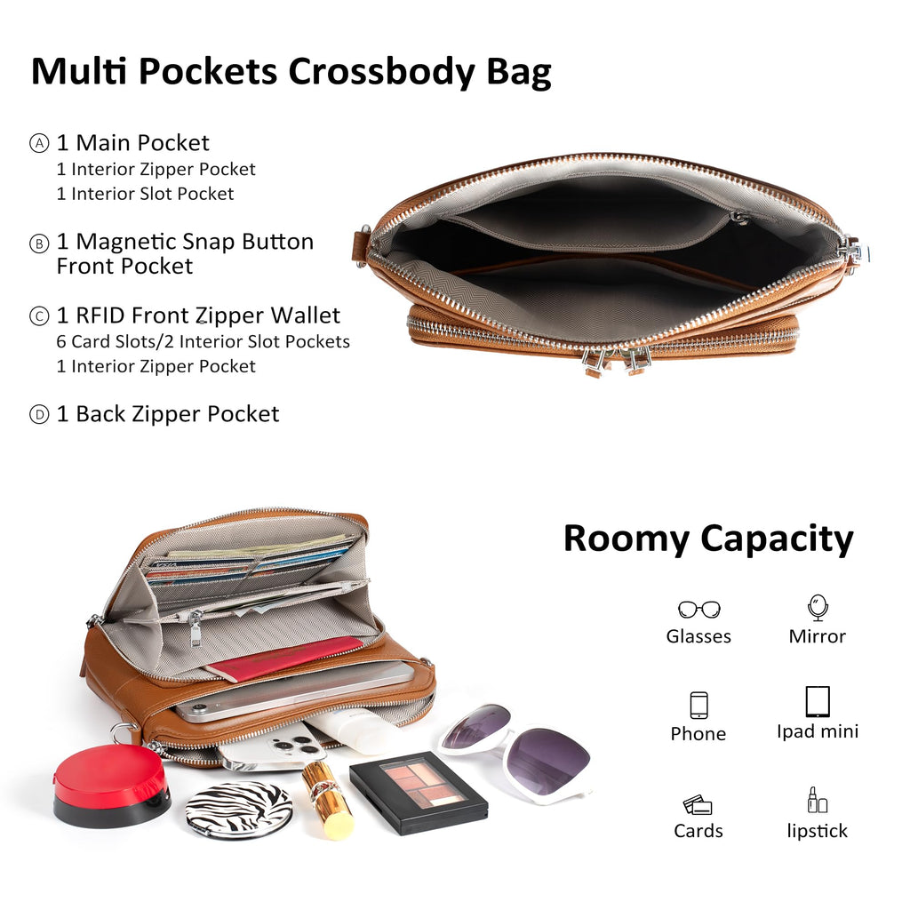 befen Genuine Leather Small Crossbody Purses for Women Shoulder Bags Cross Body Purse with Built in RFID Wallet Cognac Brown