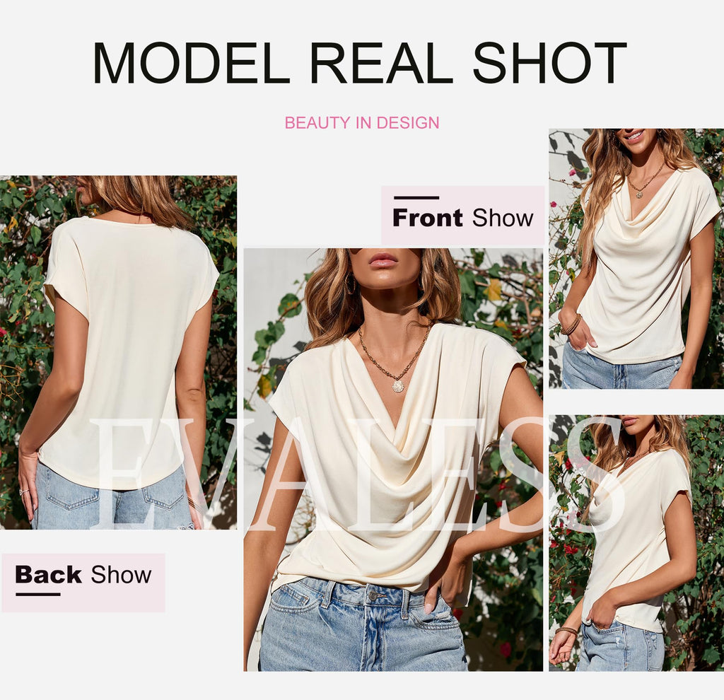 EVALESS Womens Tops Holiday Outfits for Women Fashion 2026 Elegant Cowl Neck Short Sleeve T Shirts Apricot Blouses for Women Dressy Casual Sexy Off Shoulder Summer Clothes Basic Teacher Shirts, Medium