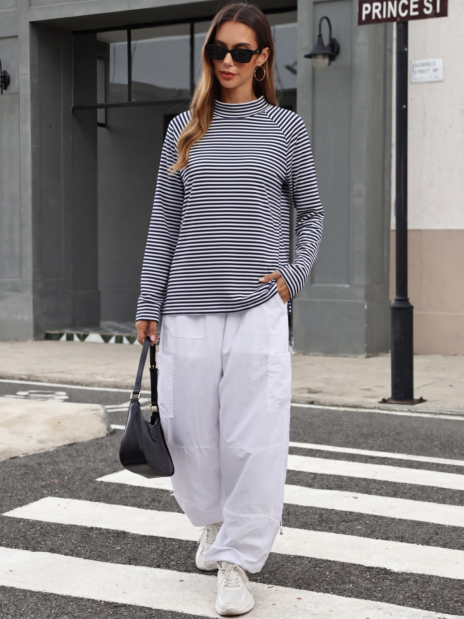 ANRABESS Women Mock Neck Long Sleeve Shirts Striped Top Navy Blue White L
