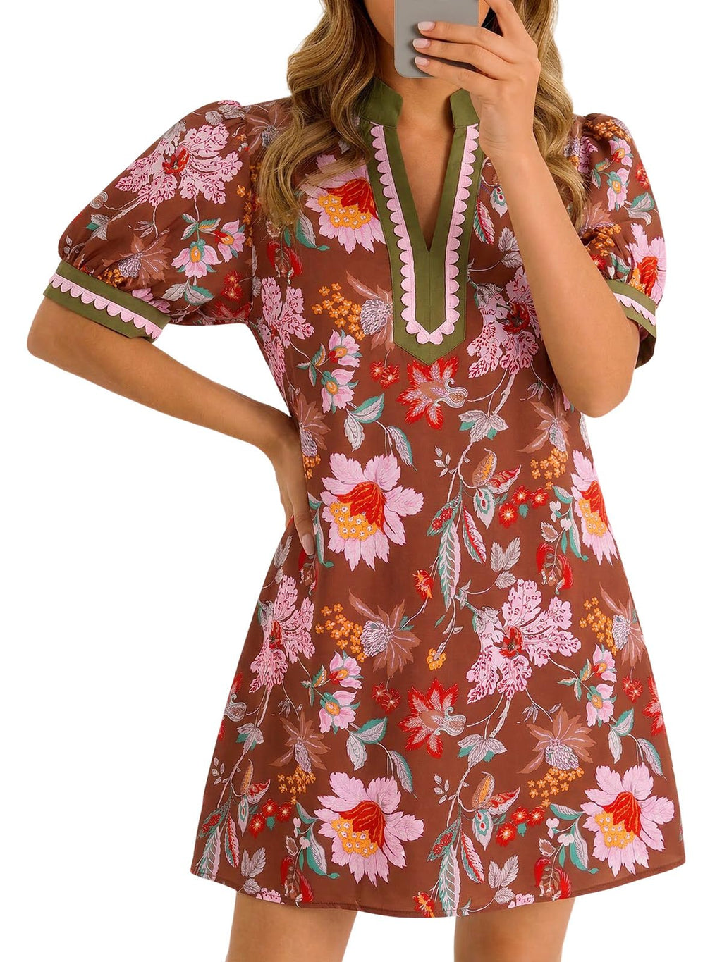 Wenrine Womens Summer Mini Dress Casual Floral Puff Sleeve V Neck Color Block Loose Boho Beach Dresses with Pockets Brick Red