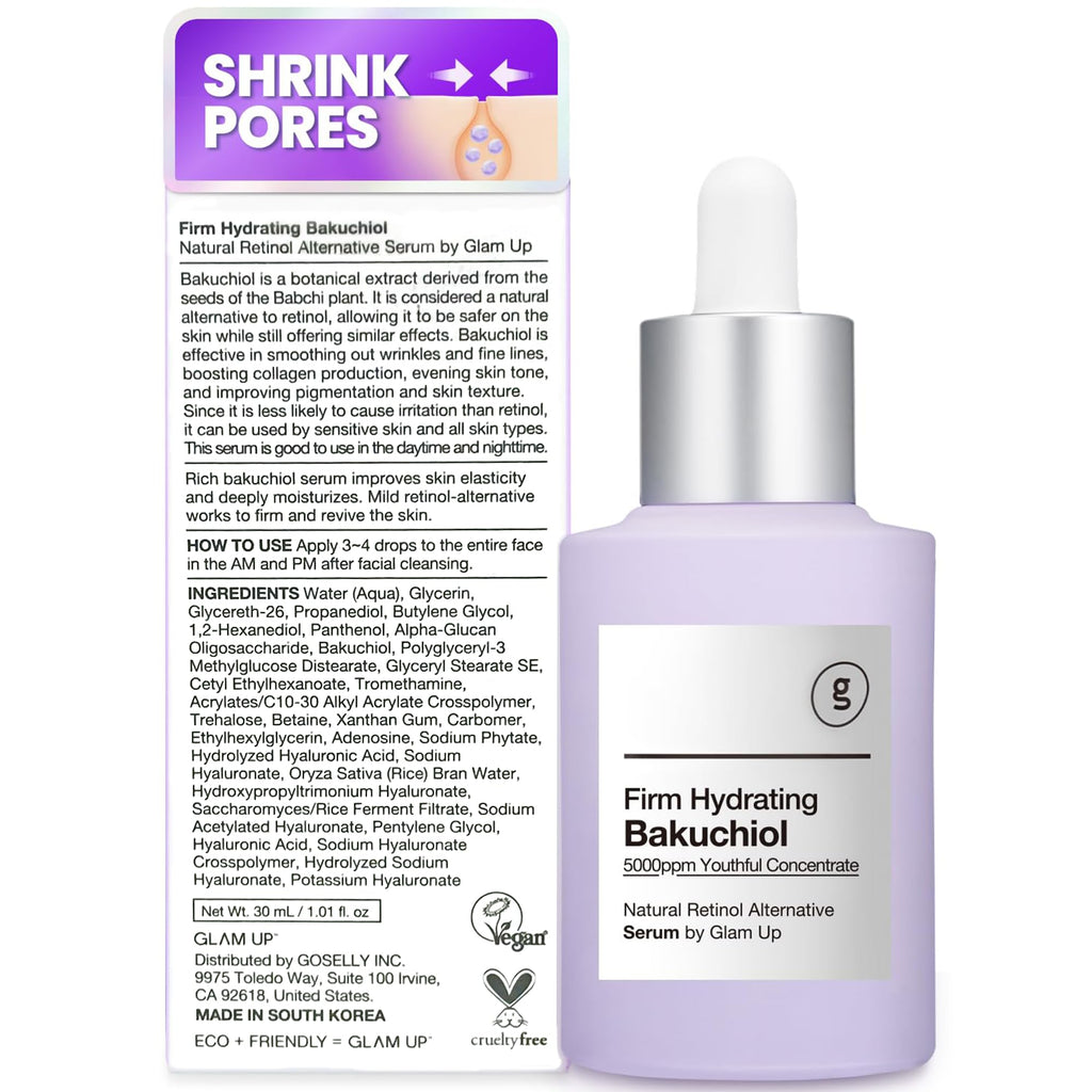Glam Up Bakuchiol Serum & Hyaluronic Acid - Anti-Aging Retinol Alternative Serum, Blur Fine Lines, Anti-Wrinkles, Pore shrink and Soothing Pimples, Hydrate Facial Skin, Cruelty-Free (1.01 Fl Oz)