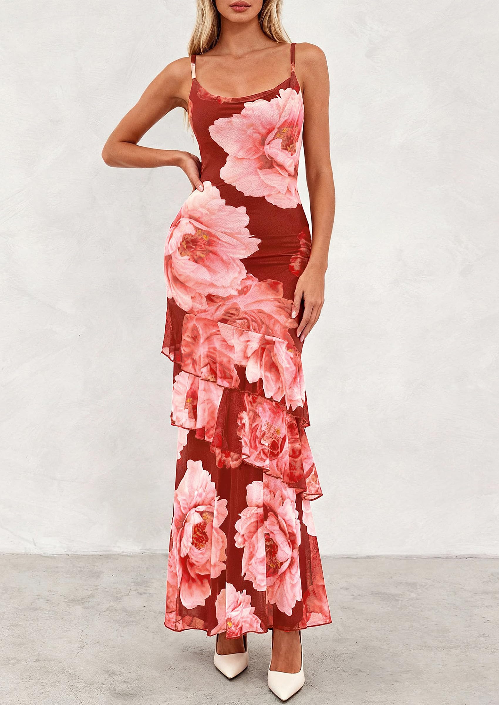 PRETTYGARDEN Maxi Dresses for Women 2026 Summer Tiered Floral Beach Sundress Spaghetti Strap Spring Wedding Guest Long Dress (Wine Red Big Floral,X-Small)