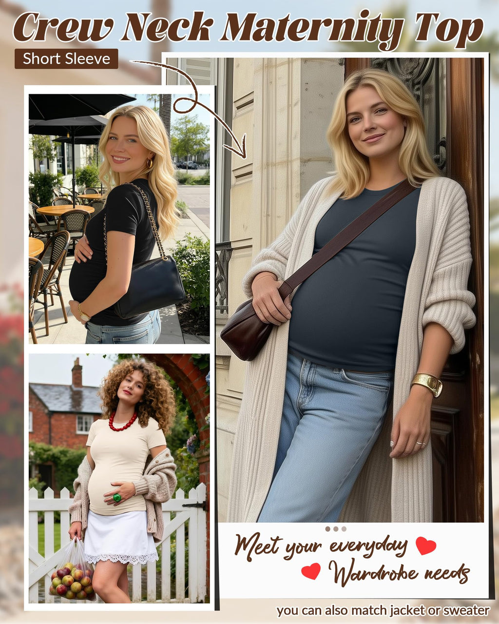 Huukeay 4 Pack Women's Short Sleeve Maternity Tops, 4-Color, Large