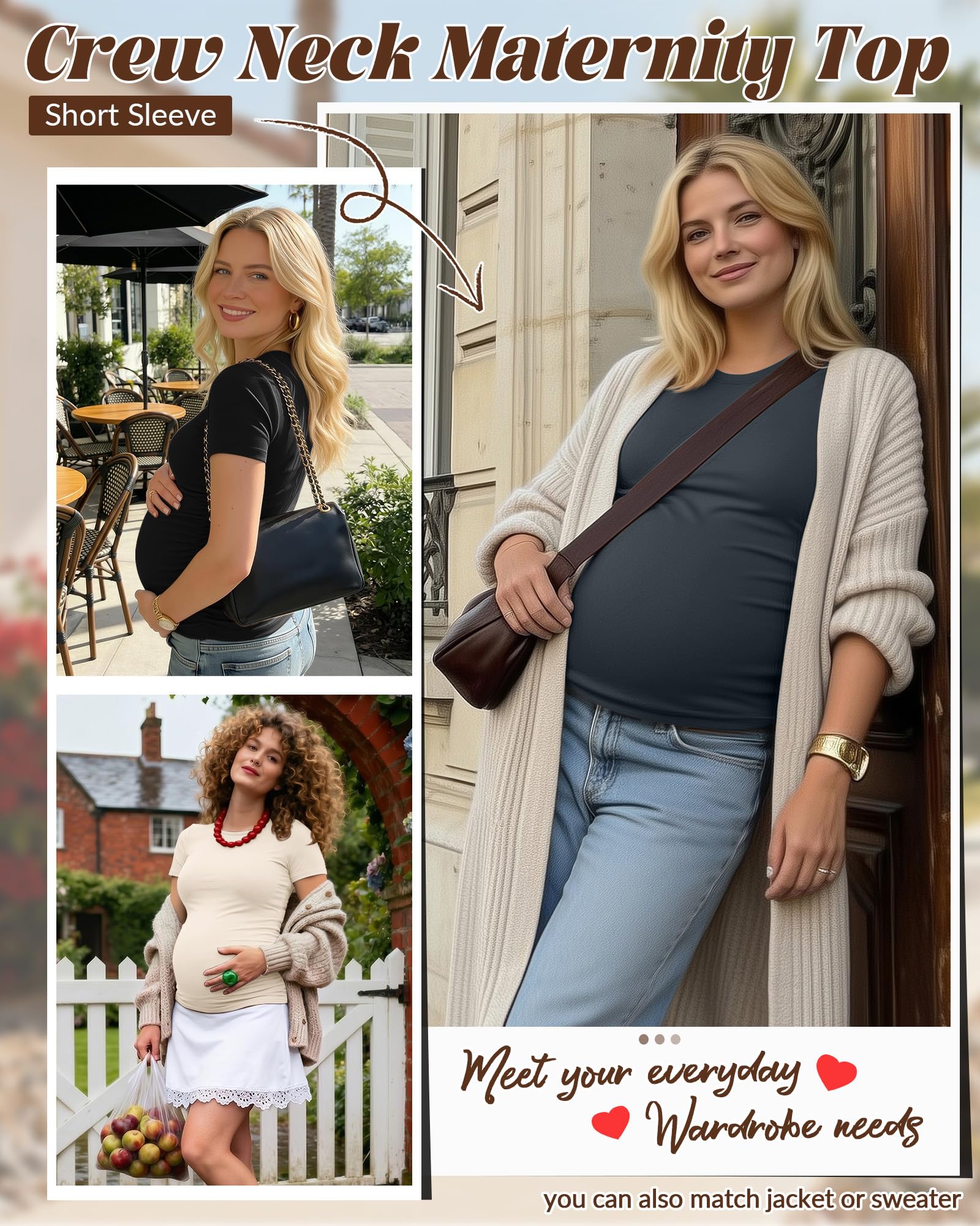 Huukeay 4 Pack Women's Short Sleeve Maternity Tops, 4-Color, Large