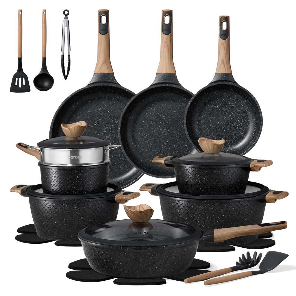 CAROTE 26PCS Pots and Pans Set Non Stick, Cookware Set Pots and Pans Induction Cook Ware, Nonstick Kitchen Cooking, PFOA Free, Black