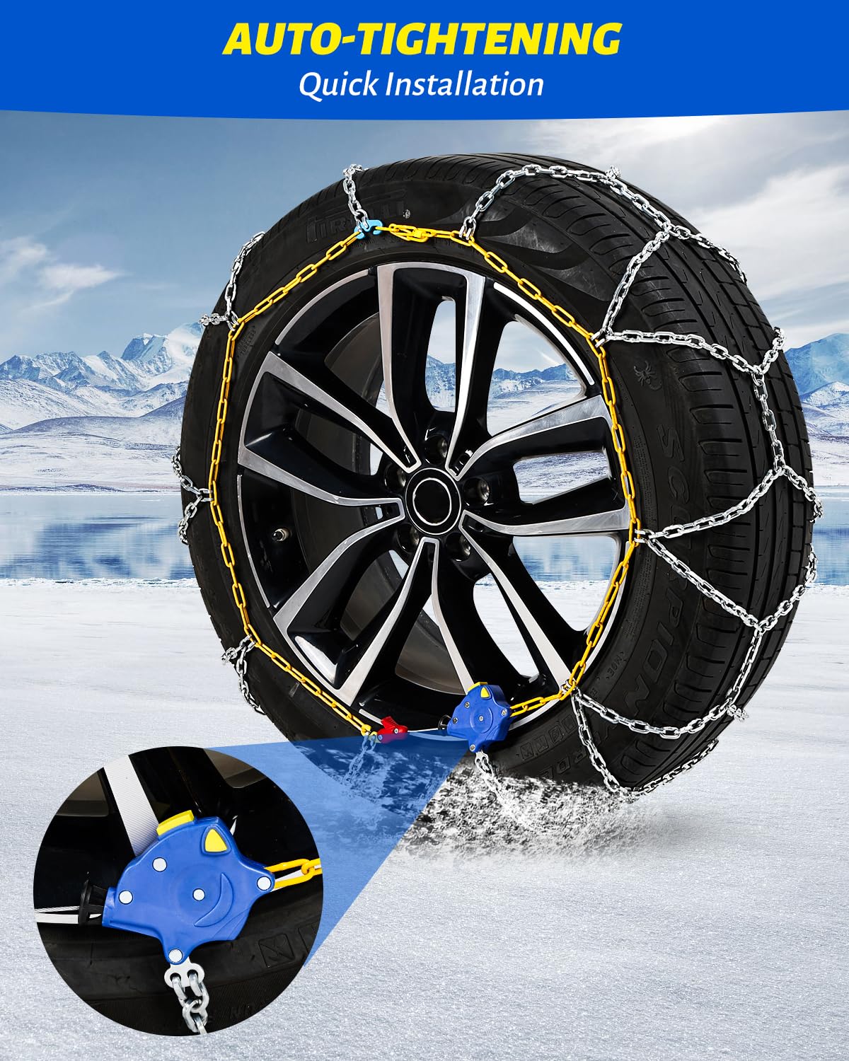 Auto Tightening Snow Chains Tire Chains For Cars Suv Pickup Trucks - Auto Tightening 1 Min Quick Fit AND Easy Installation, Reusable Universal Emergency Traction Snow Chains - Set of 2（HKN140）