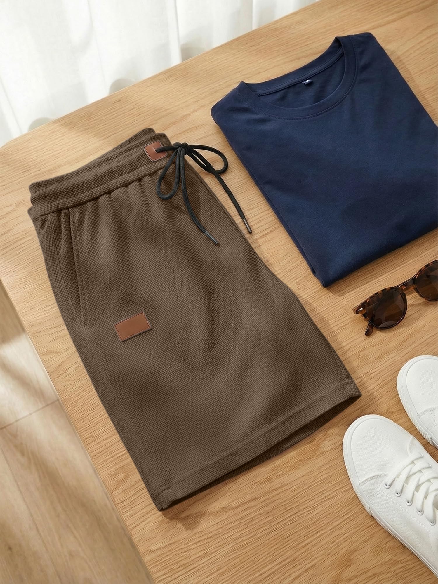 JMIERR Mens 5 Inch Shorts Summer Casual Waffle Stretch Waist Drawstring Shorts Lightweight Basketball Running SweatShorts, L,Light Brown