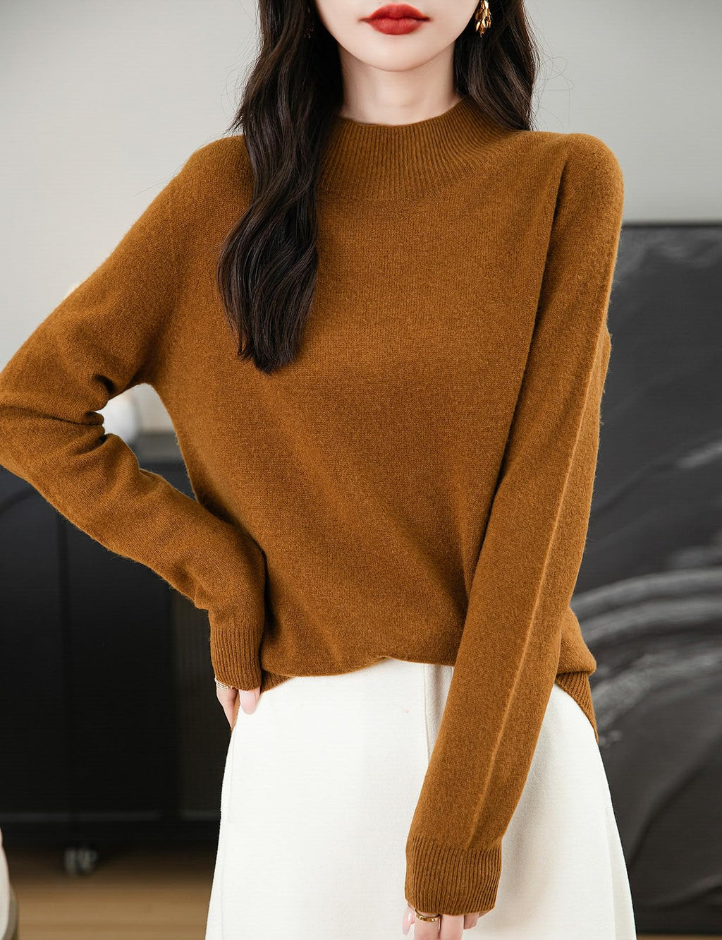 Chanyarn Women's Cashmere Long Sleeve Sweater Mockneck 2025 Fall Winter Seamless Knit Turtleneck Pullover Warm Soft 100% Merino Wool Sweater (Caramel,L)