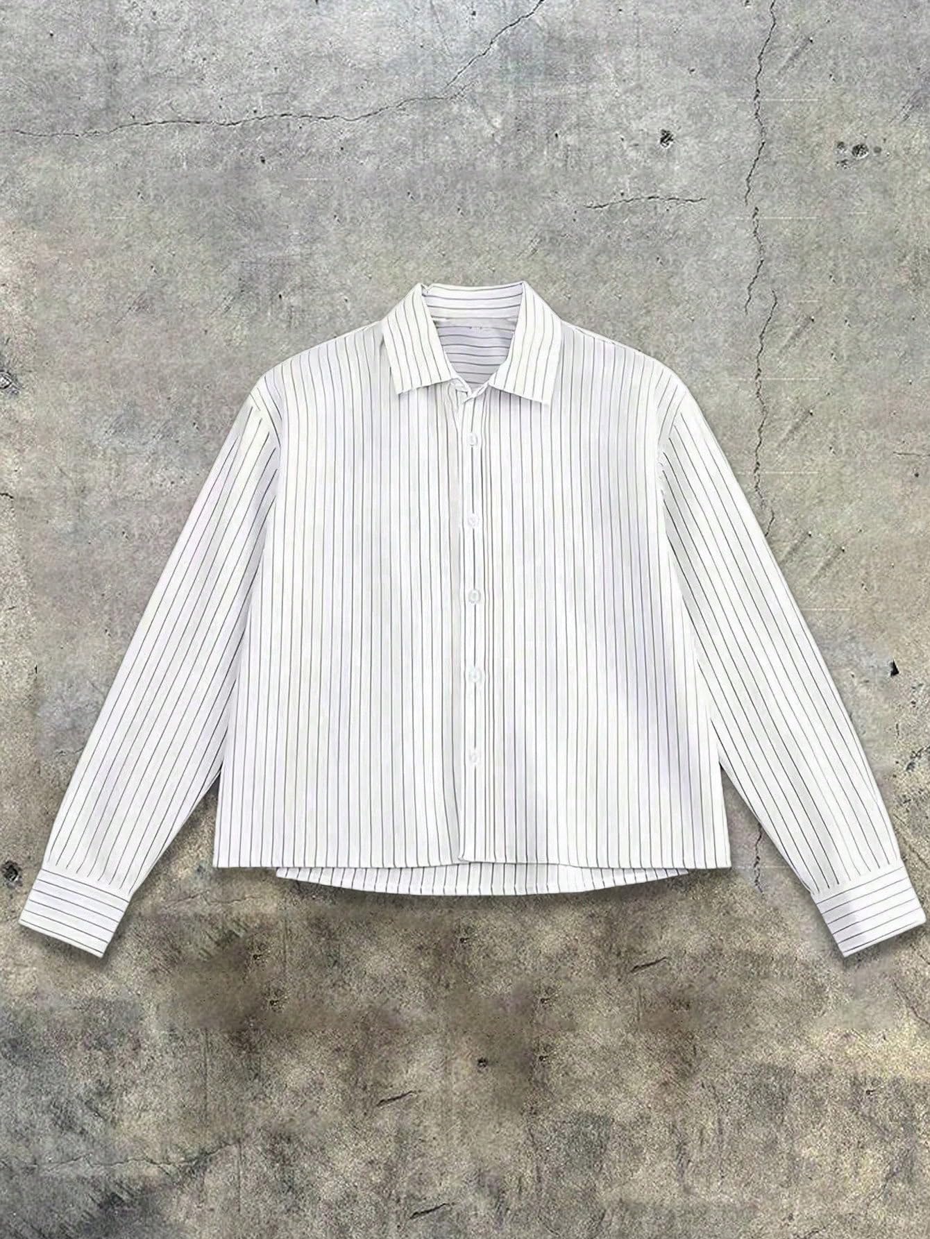GORGLITTER Men's Cropped Button Down Shirts Striped Long Sleeve Oversized Casual Shirt Hip Hop Streetwear White Large