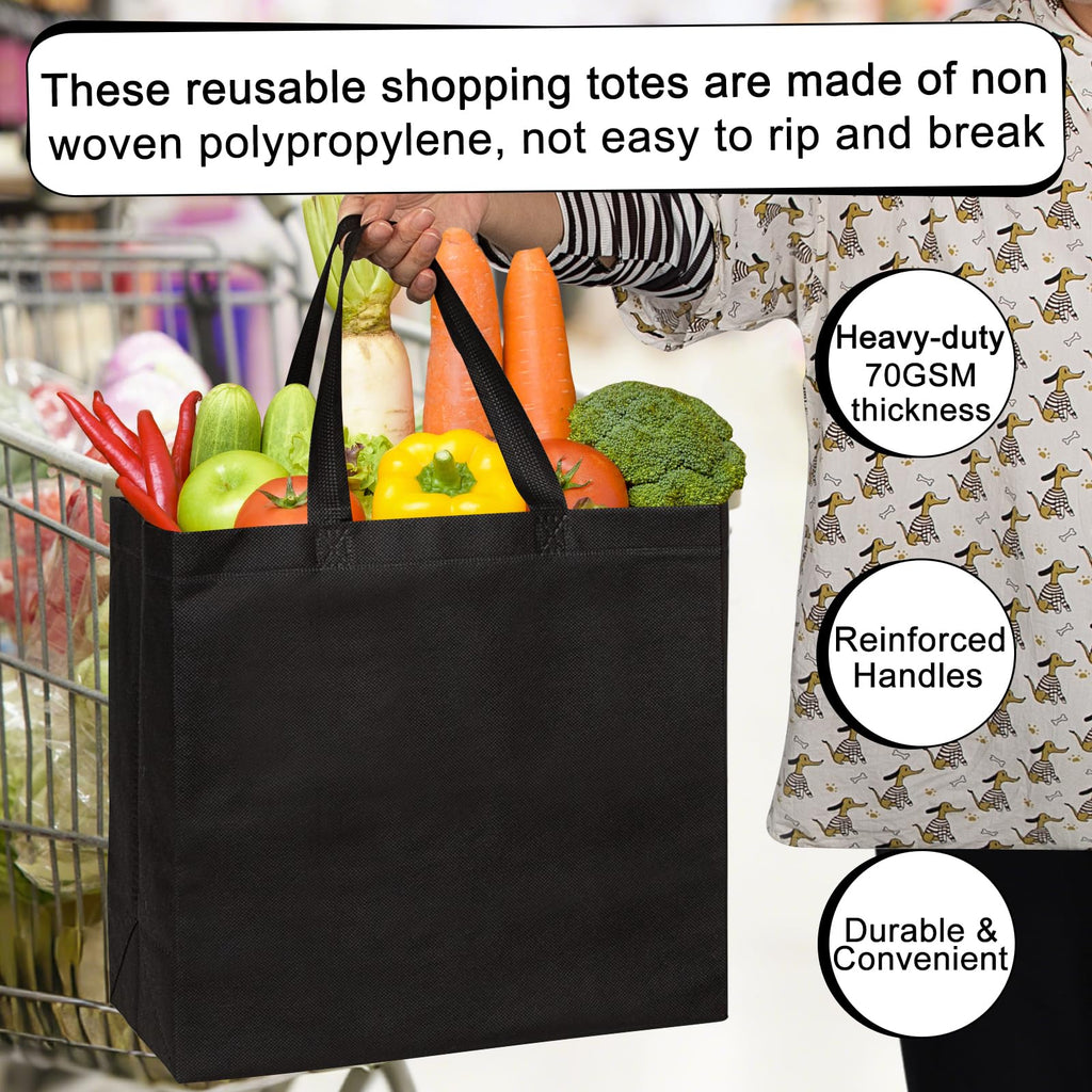 JERIA 50 Pack Black Reusable Totes Bag with Reinforced Handles Non Woven Bulk Shopping Bags