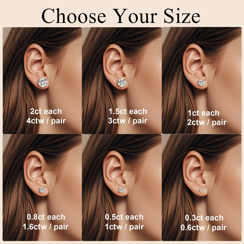 Moissanite Earrings for Women，Lab Greated Men Studs Sterling Silver Earring Plated 18k White Gold Hypoallergenic Jewelry (Silver, 2 CTW (1CT Each))