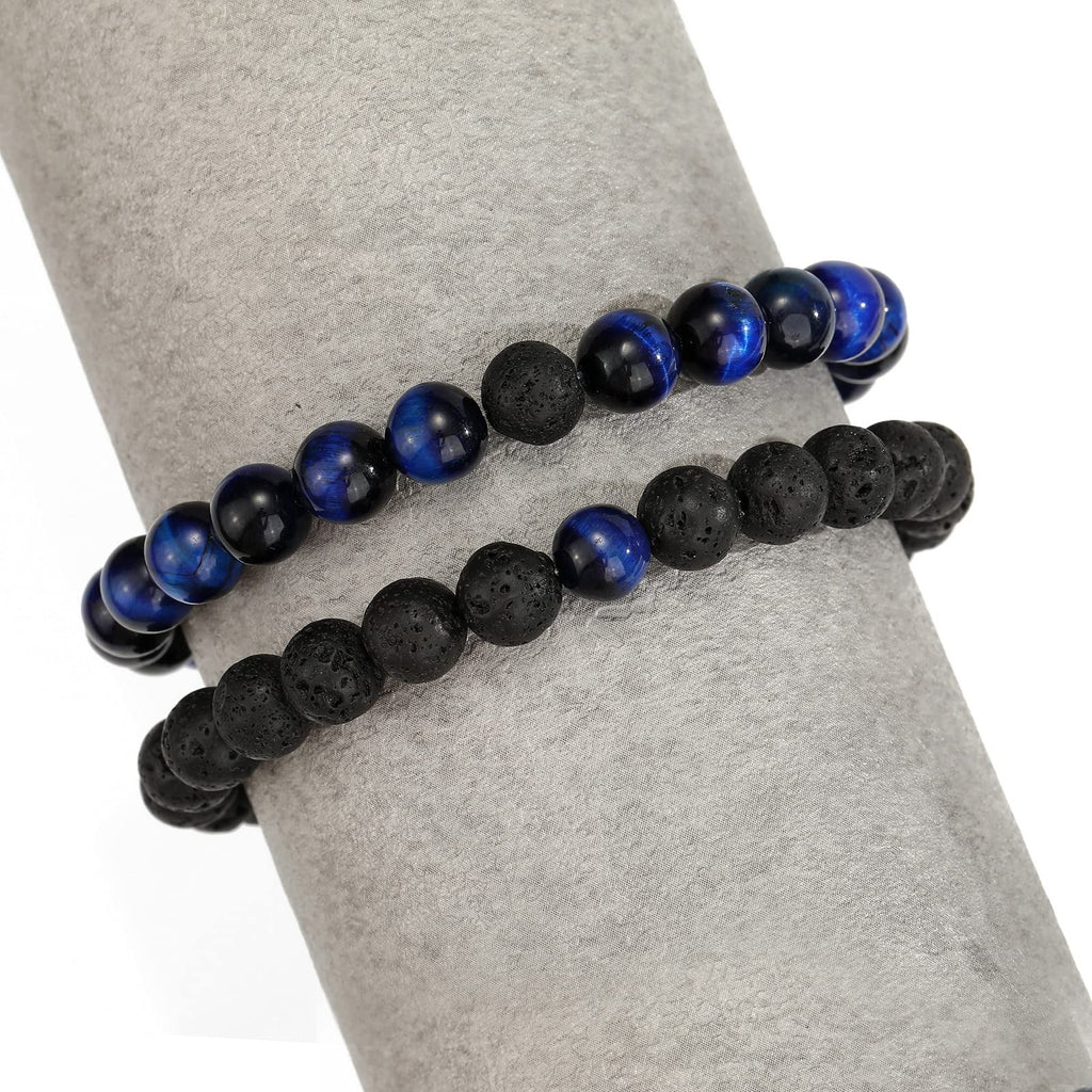 MengPa Mens Beaded Bracelets Couples Matching Bracelet Set Lava Rock Beads for Women Stone Jewelry(Tiger Eye-Blue) US4163T