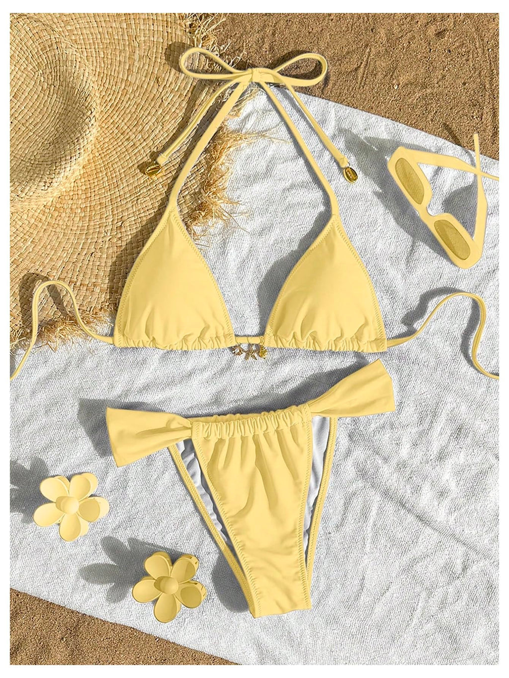 SOLY HUX Women's Halter String Bikini Sets High Cut Cheeky Thong Sexy Two Piece Swimsuits Bathing Suit Pure Yellow Small