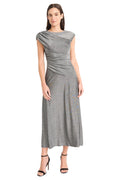 Maggy London Women's Dresses Women's Elegant Ruched Midi Dress - Cap Sleeve Boat Neck - Slim-Fitting Cocktail Dress, Silver, 0
