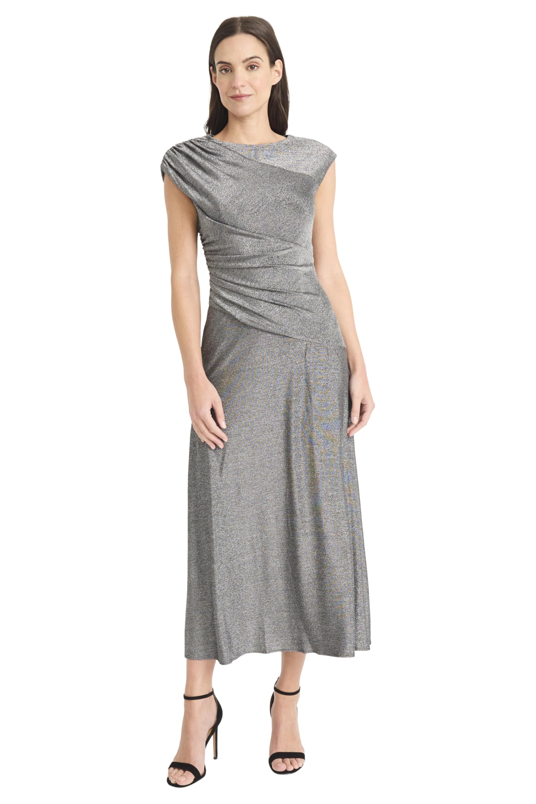 Maggy London Women's Dresses Women's Elegant Ruched Midi Dress - Cap Sleeve Boat Neck - Slim-Fitting Cocktail Dress, Silver, 0
