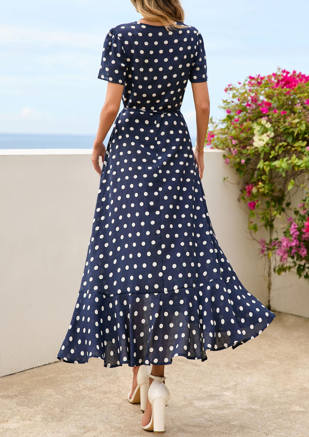 PRETTYGARDEN Women's Boho Floral Maxi Dress Summer Short Sleeve Wrap V Neck Long Flowy Beach Vacation Wedding Guest Dresses (Dot Navy White,Medium)