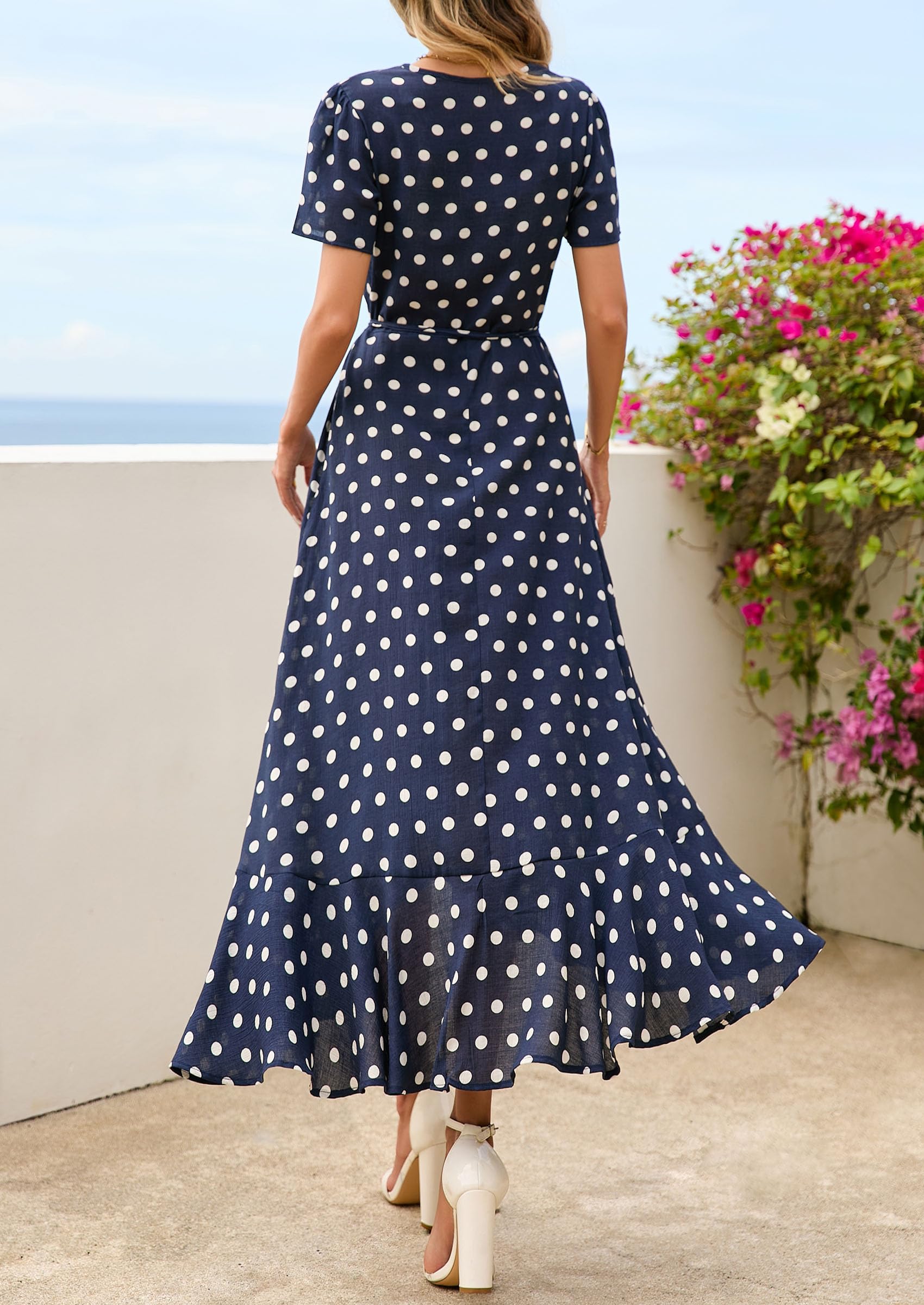 PRETTYGARDEN Women's Boho Floral Maxi Dress Summer Short Sleeve Wrap V Neck Long Flowy Beach Vacation Wedding Guest Dresses (Dot Navy White,Medium)