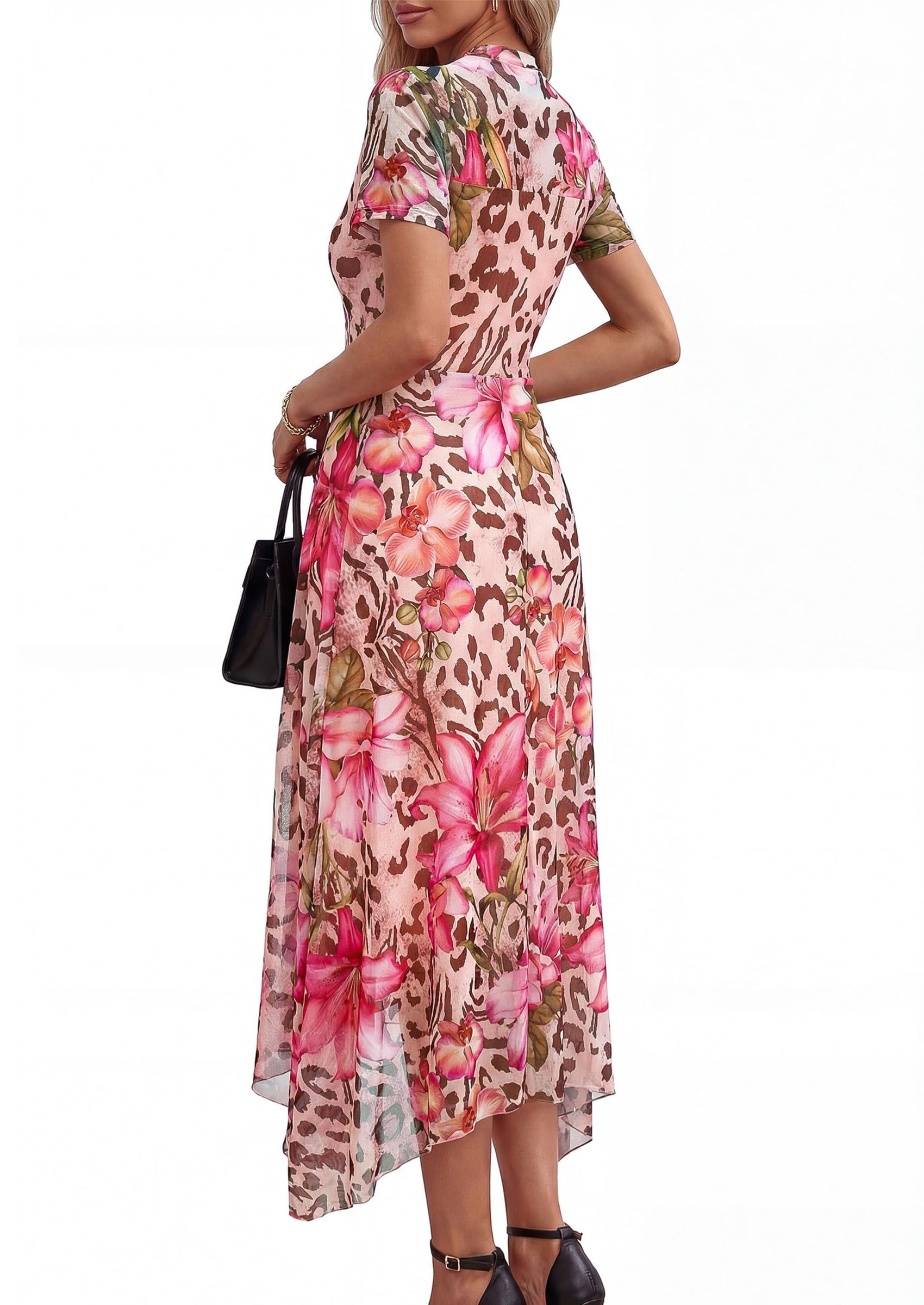 PRETTYGARDEN Cocktail Dresses for Women 2026 Summer Short Sleeve Floral Mesh Sheer Midi Party Wedding Guest Dress (Floral Apricot Leopard,Small)