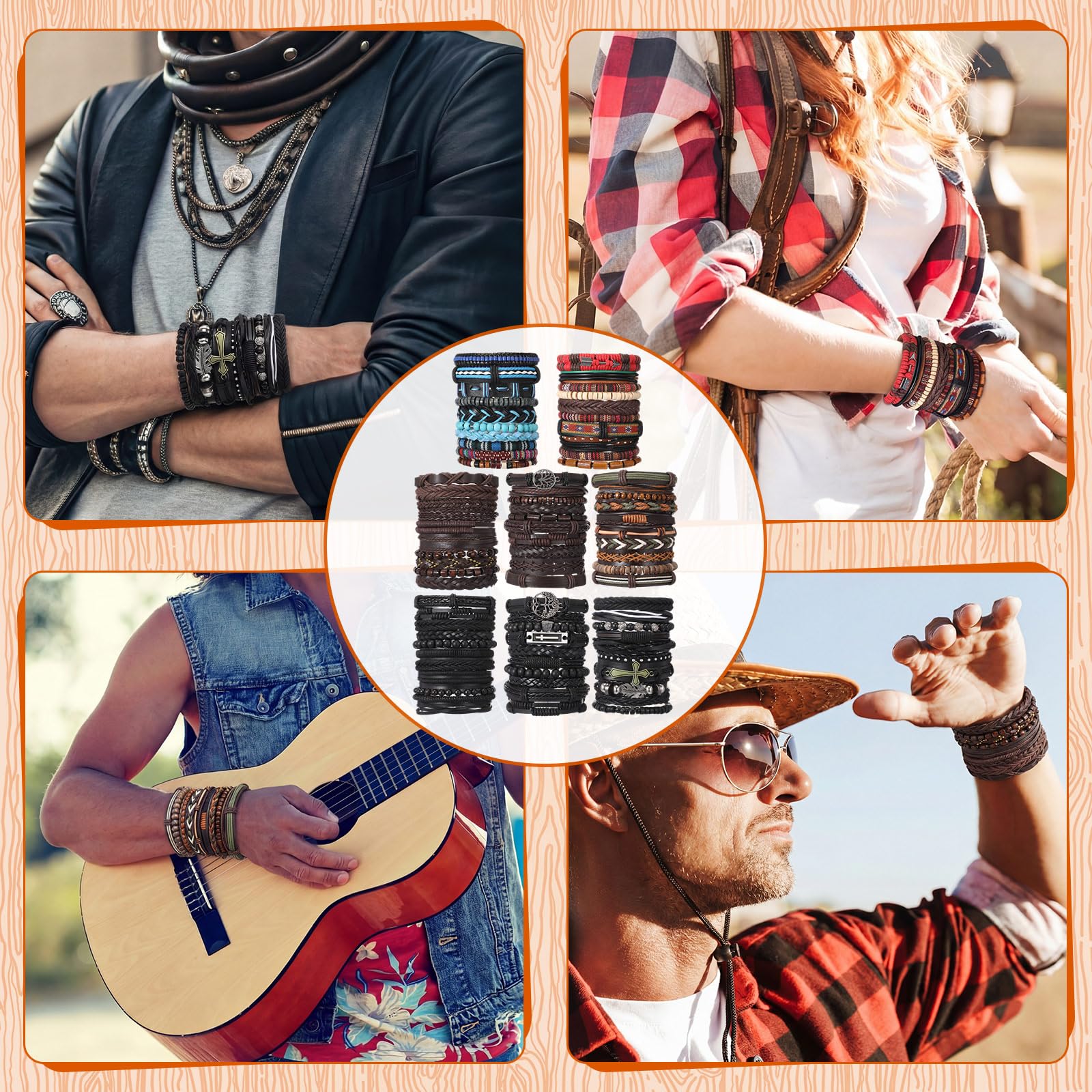 Unittype 80 Pcs Braided Leather Bracelets for Men Women Wrap Wood Beads Cuff Bracelet, Hemp Cords Ethnic Tribal Handmade Wrap Wristband Bracelets Set Adjustable