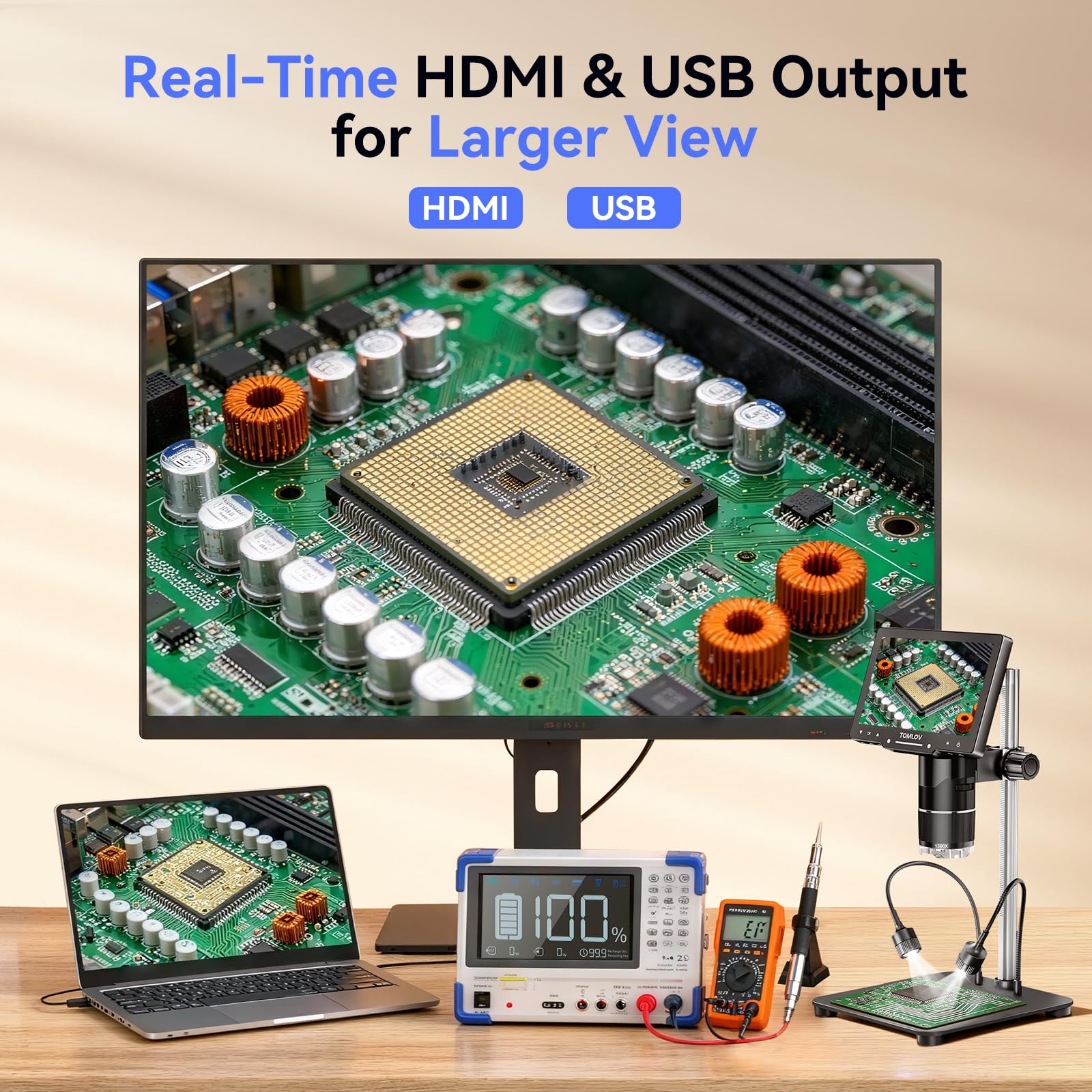 TOMLOV TriL107 3-Lens Digital Microscope: 7" 2500X 2K HDMI Coin Microscope Magnifier for Whole Coin View with IPS Screen, LCD Soldering Microscopes for Adults, 14 LED Lights, PC/TV Compatible, 64GB