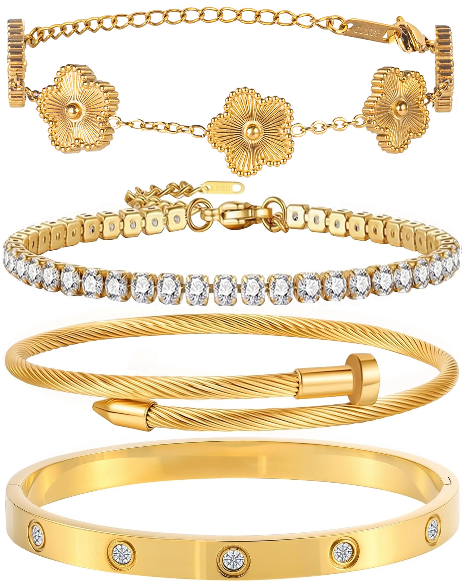 GIVCHO 18K Gold Plated Nail Love Bangle Bracelet Set for Women Stackable Floral Clover Adjustable Tennis Bracelet Non Tarnish Gift Jewelry for Christmas Valentines Birthday Mother's Day