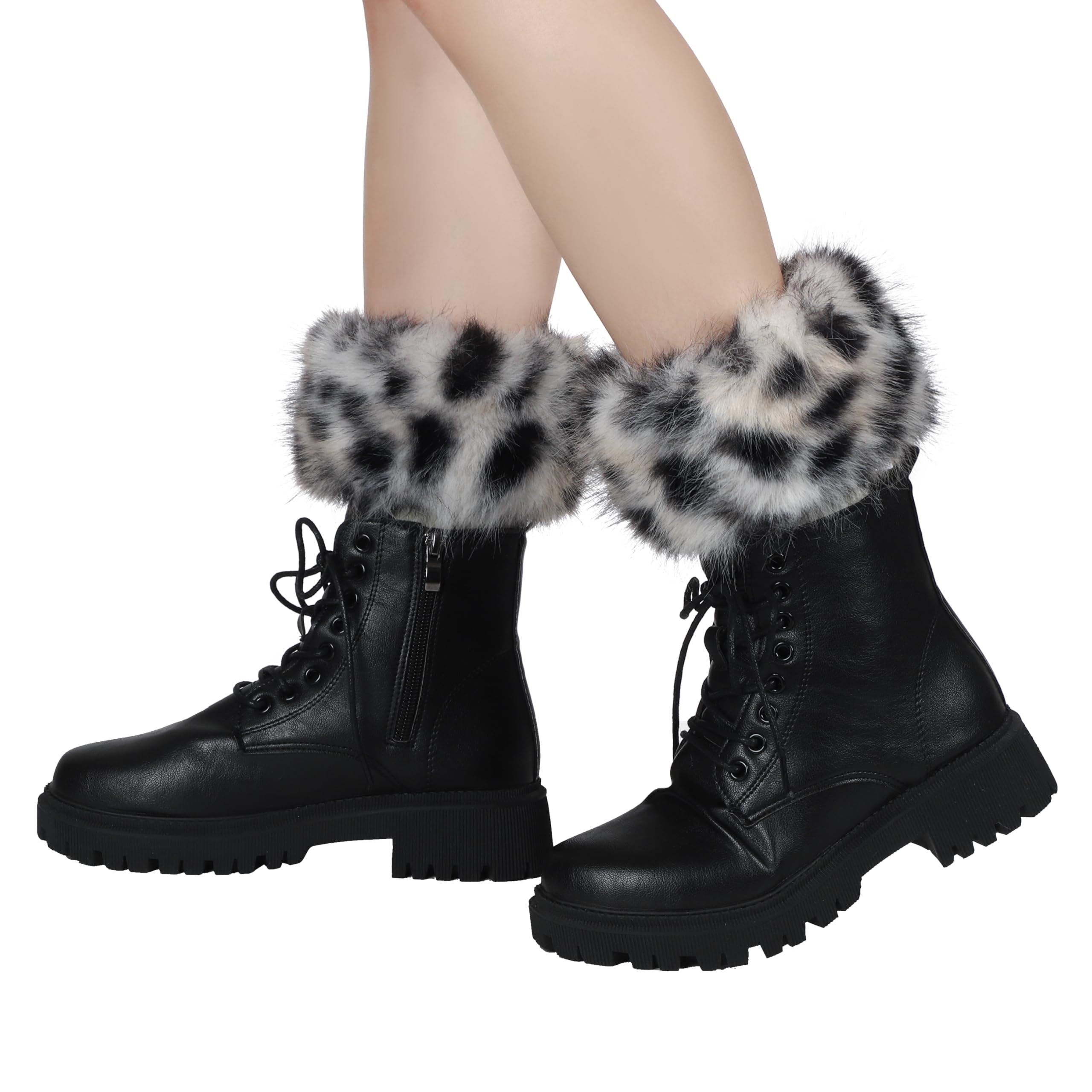 LA CARRIE Women Faux Fur Plush Leg Warmers Short Furry Fuzzy Leg Cuffs Girls Winter Knitted Boot(Black Leopard Printed)