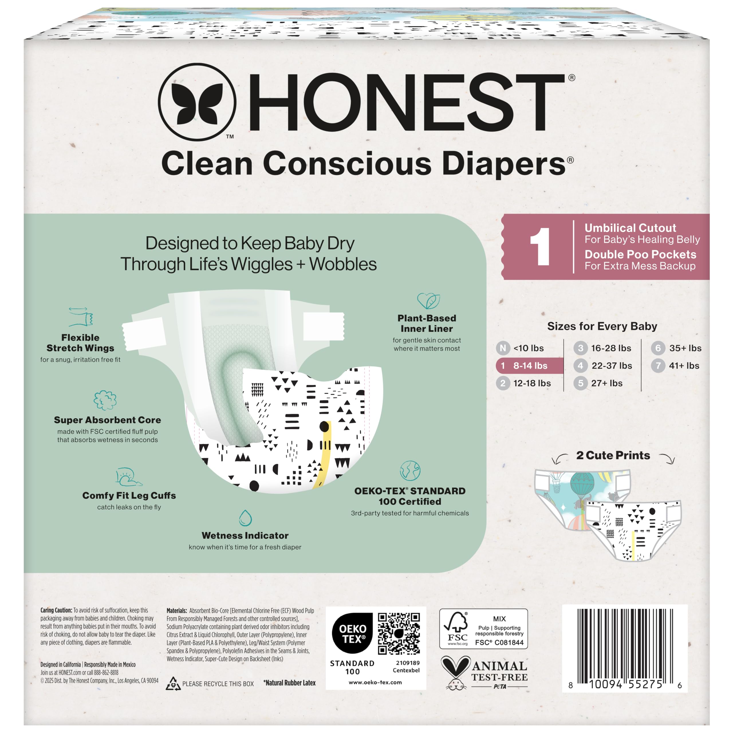 The Honest Company Comfort Dry Disposable Diapers for Sensitive Skin, Hypoallergenic, Fragrance-Free, Above It All + Pattern Play, Club Box Size 1 (8-14 lbs), 78 Count