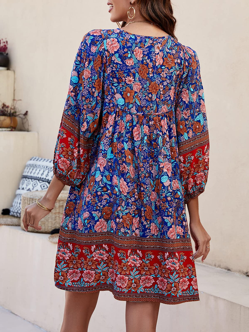 Qearal Womens Dresses Summer Floral Printed Tunic Dress 3/4 Sleeve Cover Up Dress Dark Blue XL