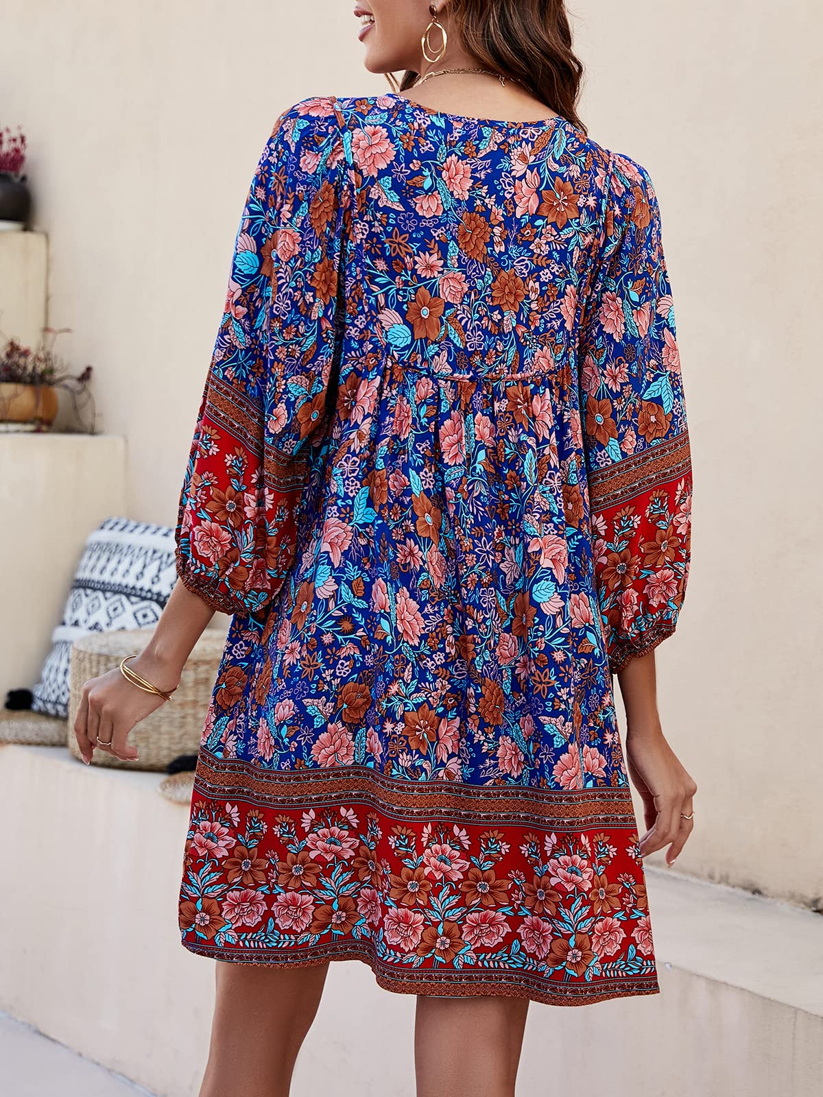 Qearal Womens Dresses Summer Floral Printed Tunic Dress 3/4 Sleeve Cover Up Dress Dark Blue XL