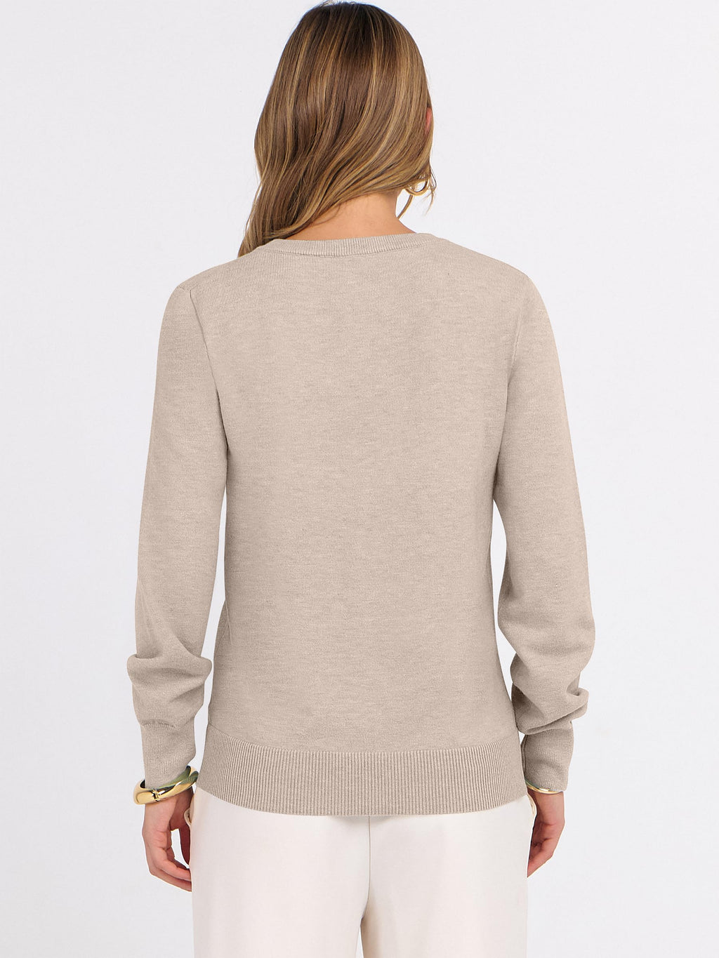 ANRABESS Womens Long Sleeve V Neck Sweaters 2025 Fall Casual Classic Soft Loose Fit Basic Pullover Jumper Top Almond Large