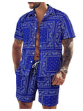 WDIRARA Men's 2 Piece Set Paisley Print Button Down Shirt Shorts Outfits Vacation Set Blue Small