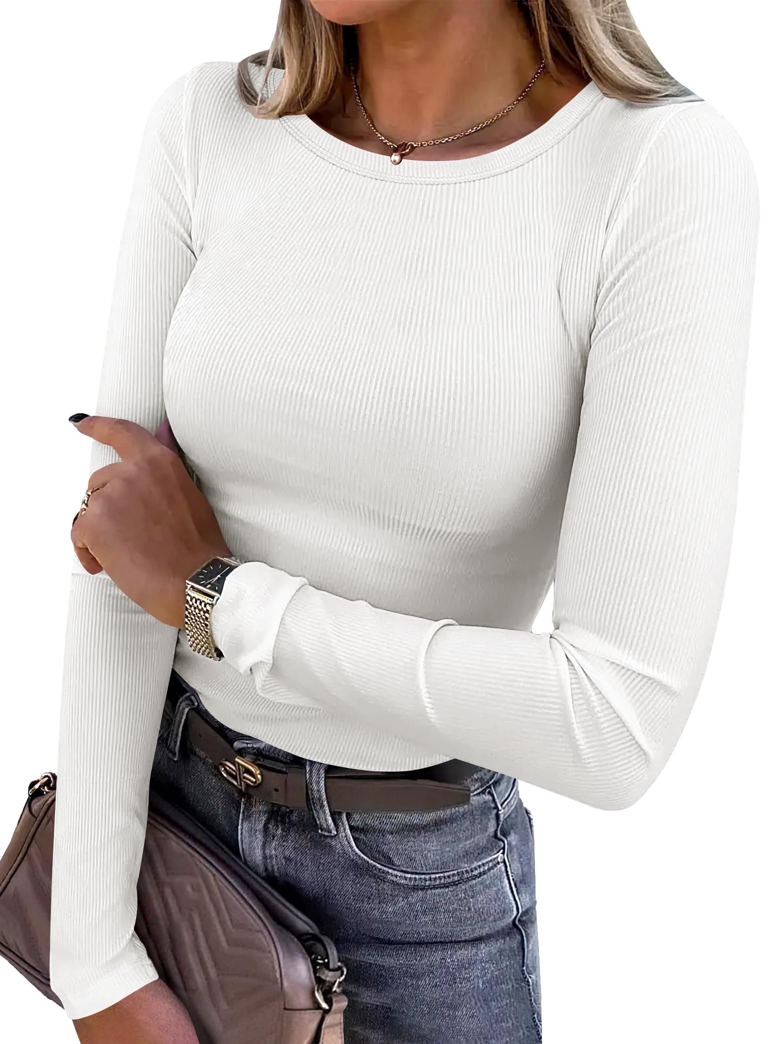 ANRABESS Women Long Sleeve Shirts Rib Knit Slim Fit Tops Basic Tee Spring Outfits Casual T-Shirt Underscrubs Layer Clothes White X-Large