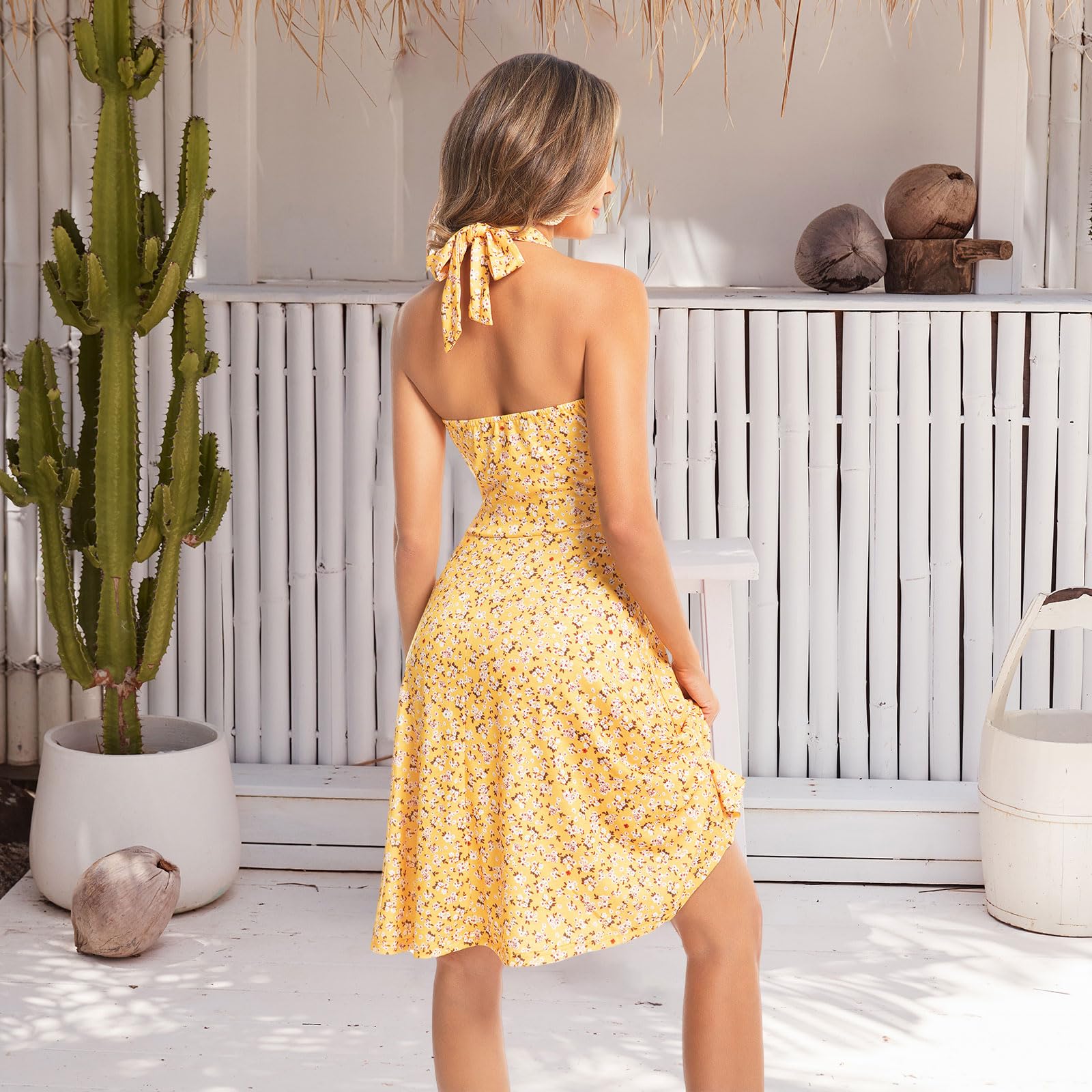 Vomidia Summer Dresses for Women 2026 Sexy Sleeveless Halter Neck Ruffle Sundress Spring Beach Vacation Clothes Black