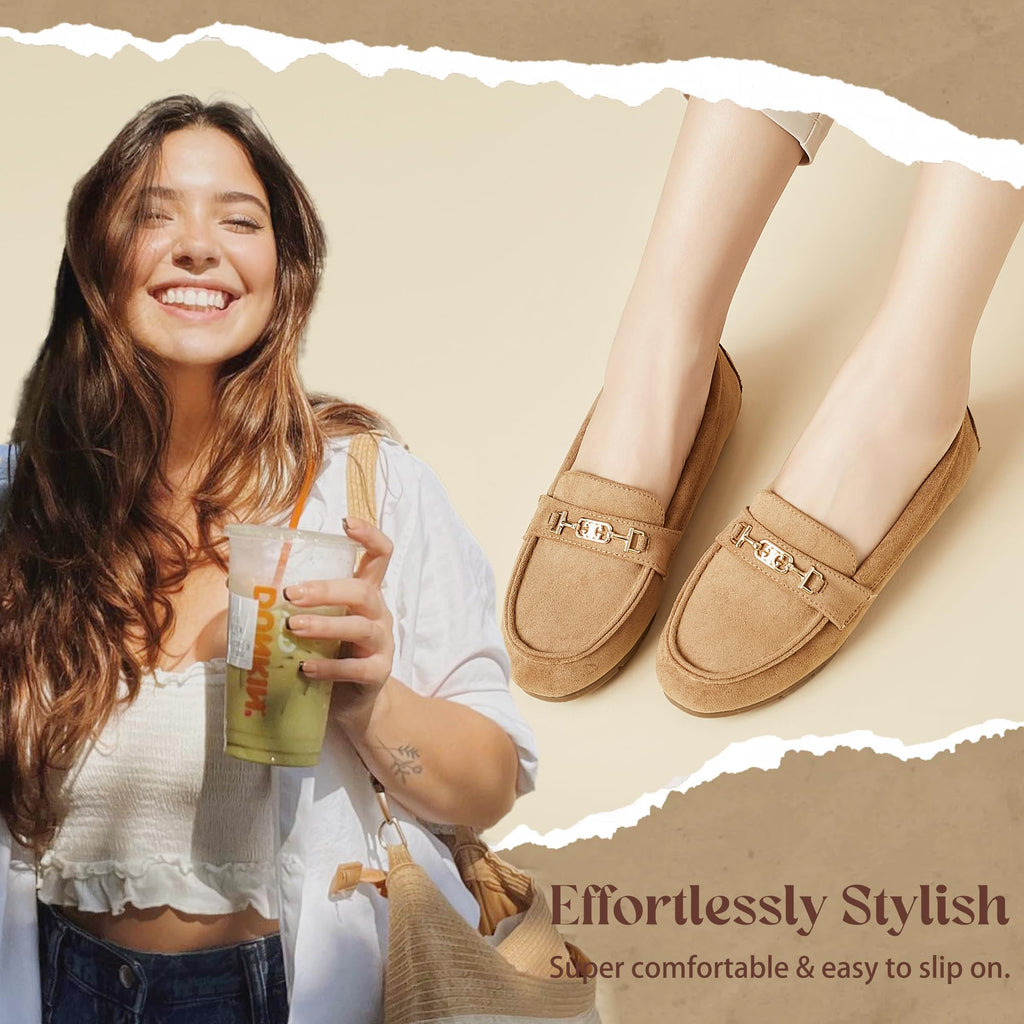 XRKJ Loafers for Women Comfortable Slip On Flats with Memory Foam Insole for Daily Wearing (Tan 6.5)
