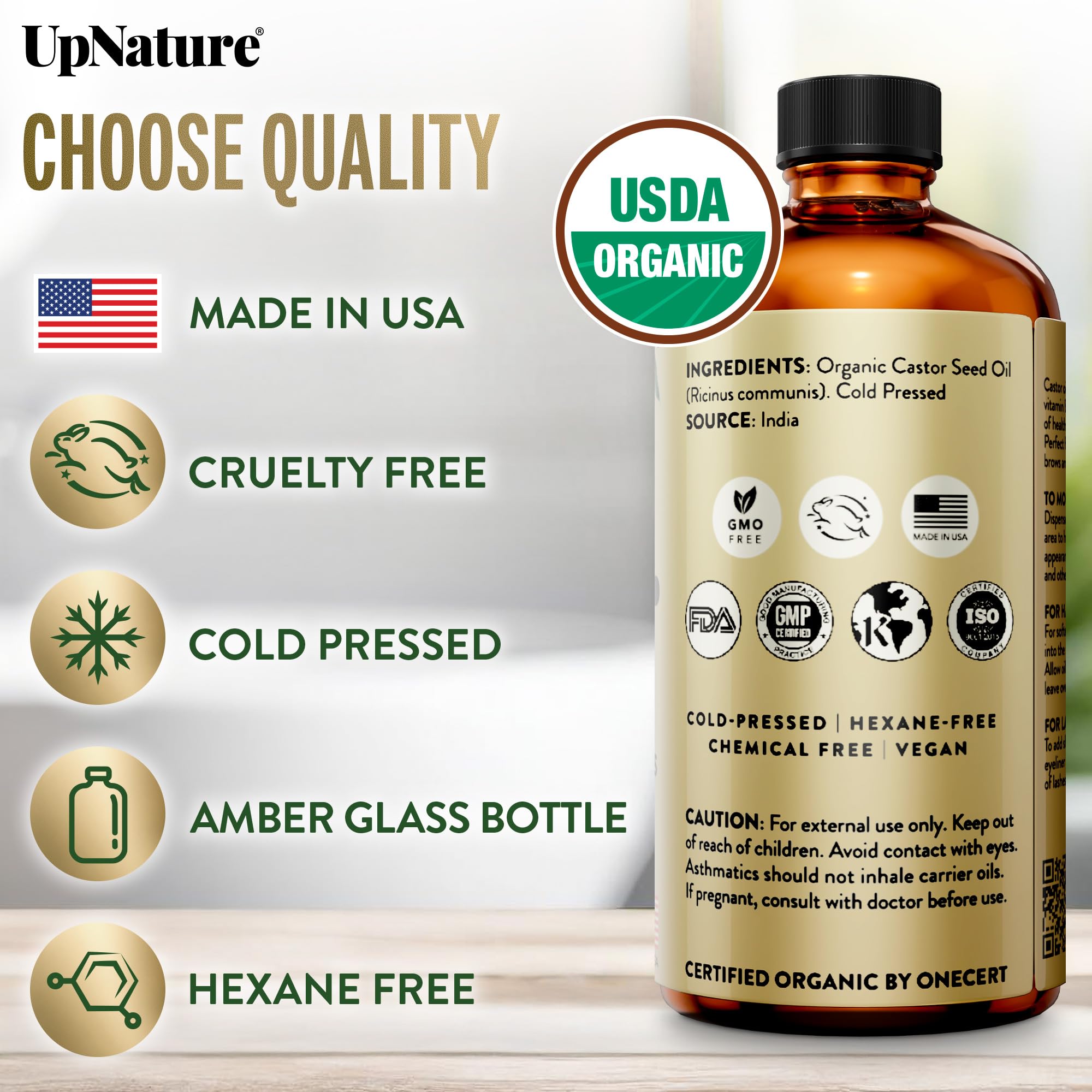 UpNature Organic Castor Oil in Glass Bottle (16 oz) 100% Pure Cold Pressed Unrefined Castor Oil for Hair Skin Face (Hexane Free)