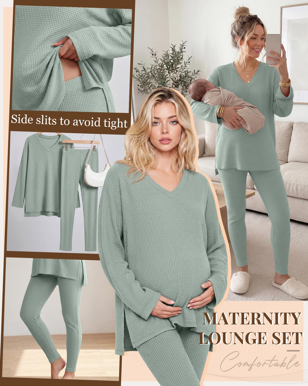 Huukeay Women's Maternity Lounge Set 2 Piece Outfits,Gray Green,Small