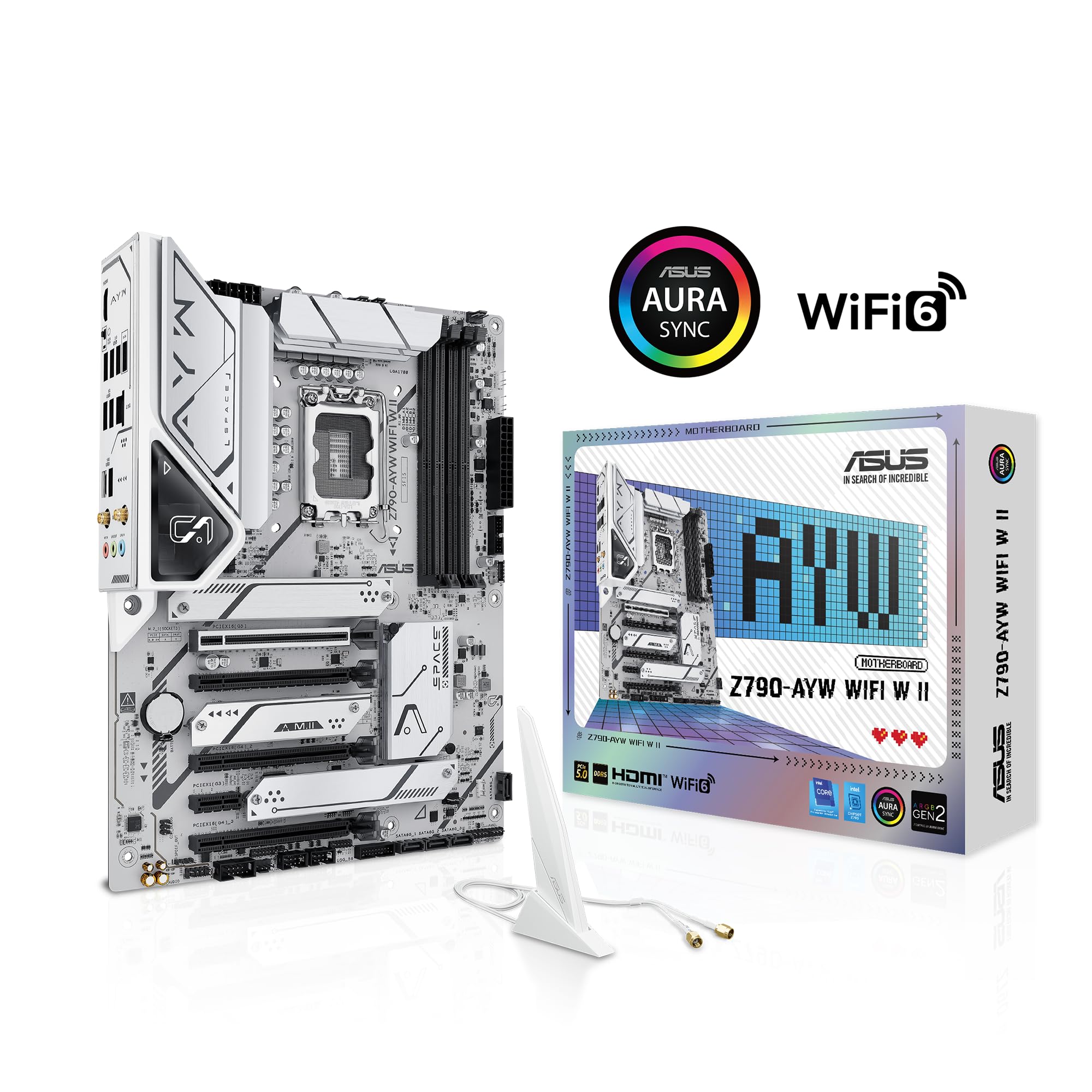 ASUS Z790-AYW WiFi W II Intel Z790 (LGA 1700) ATX Motherboard with PCIe® 5.0, 3X M.2, 12+1 DrMOS, DDR5, WiFi 6, 2.5Gb LAN, HDMI, USB 10Gbps Type-C®, USB 10Gbps Type-C®, Thunderbolt™, USB4®, Aura Sync