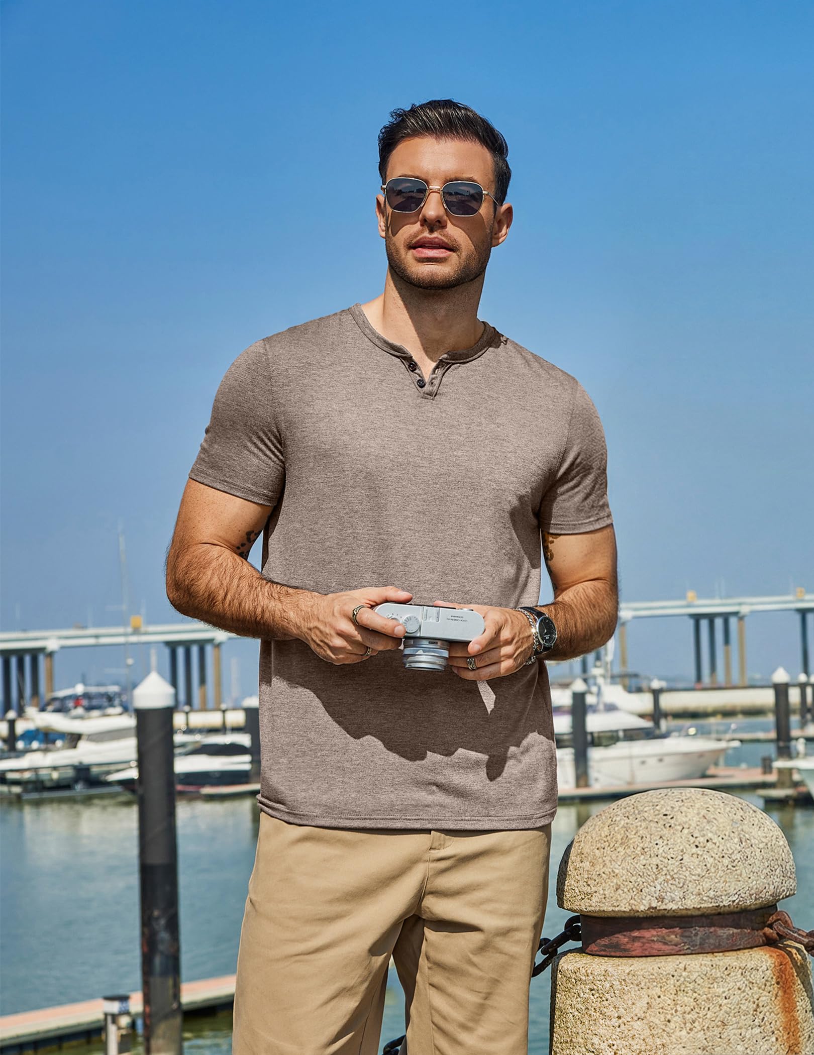 COOFANDY Men's Soft T Shirts Short Sleeve Burnout Notch Neck Tee Shirt Casual Stylish Summer Wear Khaki