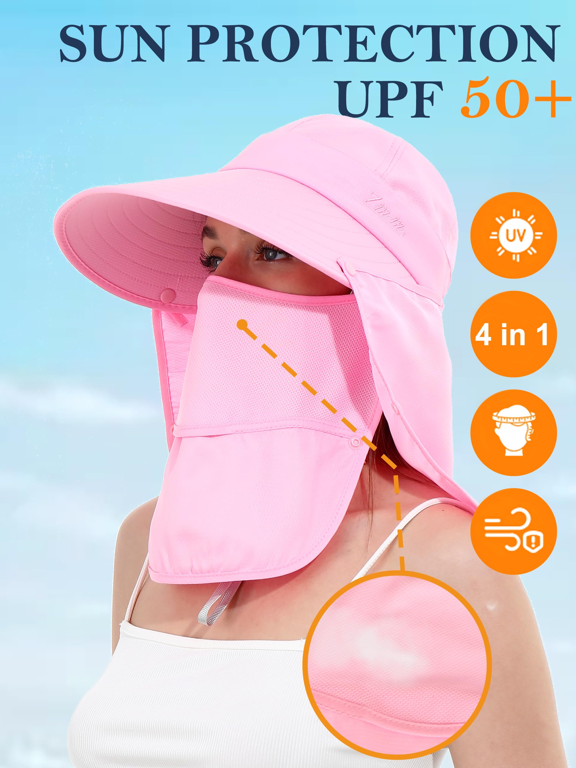 LA CARRIE Women Sun Hats Detachable Wide Brim UV UPF 50+ Face Mask Visor with Neck Flap Hat for Summer Beach(Pink)