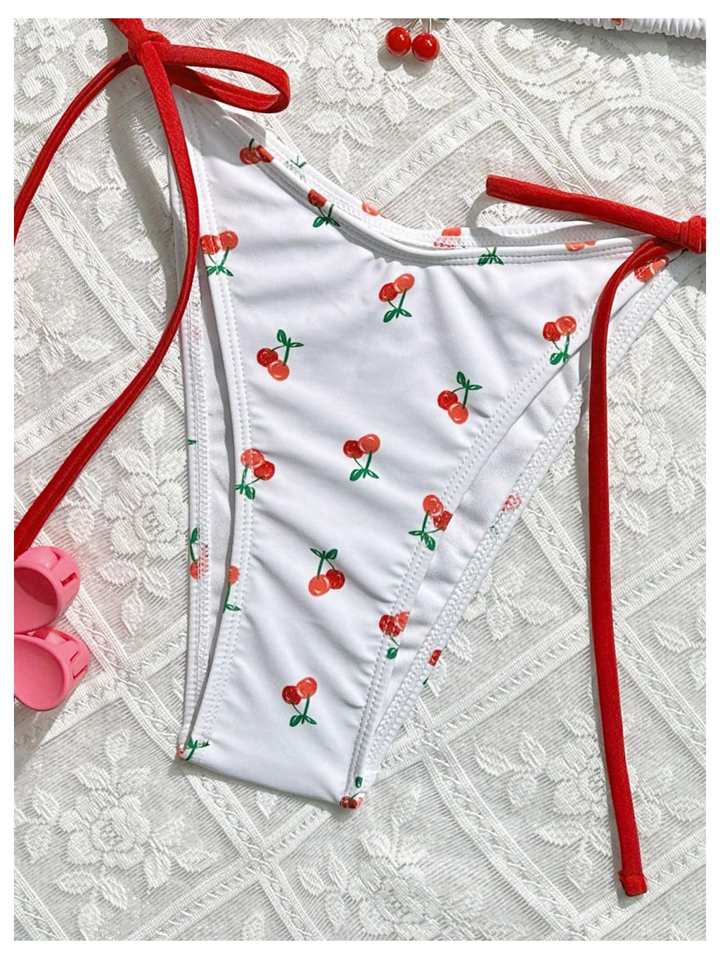 WDIRARA Women's 2 Piece Swimsuit Cherry Print Bikini Set Halter Triangle Bikini Side Tie String Bathing Suits White Red Large