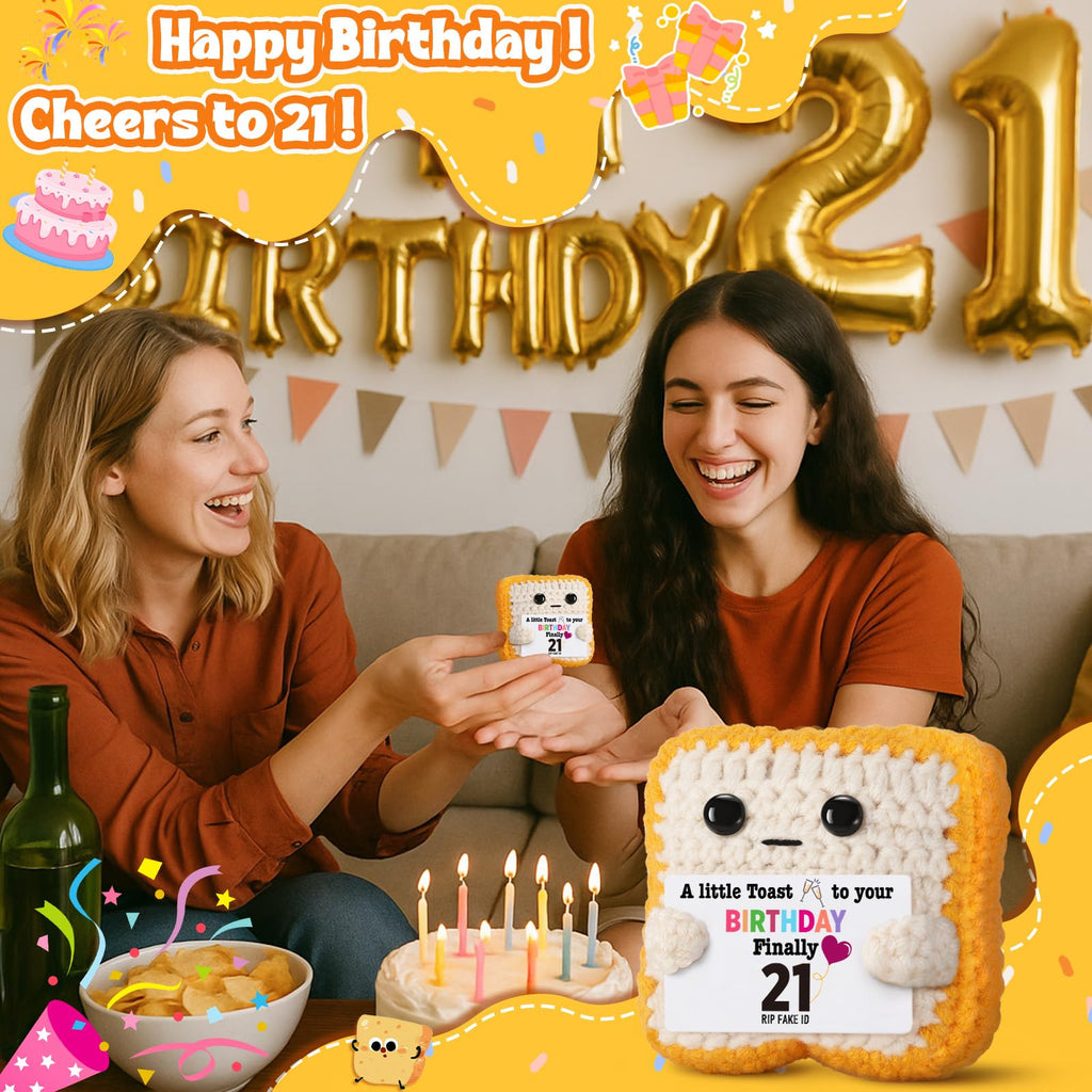 Ovrrcame Finally 21" Funny 21st Birthday Gifts for Her & Him - Crochet Toast with RlP Fake ID Gag Message - Unique Bar Cart Decor & Keepsake for Daughter, Son, Friend