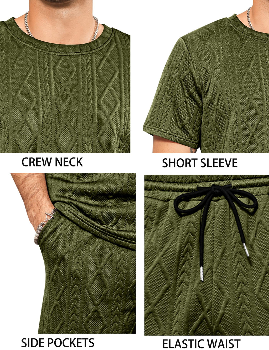 Babioboa Men's Short Sets 2 Piece Jacquard Outfit Summer Crewneck Shirt and Shorts Set Matching Lounge Set(Army Green,S)