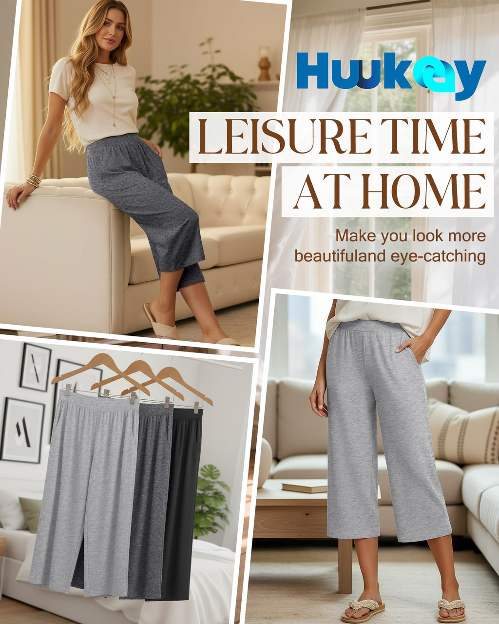 Huukeay 3 Pack Women's Wide Leg Capris Sweatpants, X-Large, 3-Color