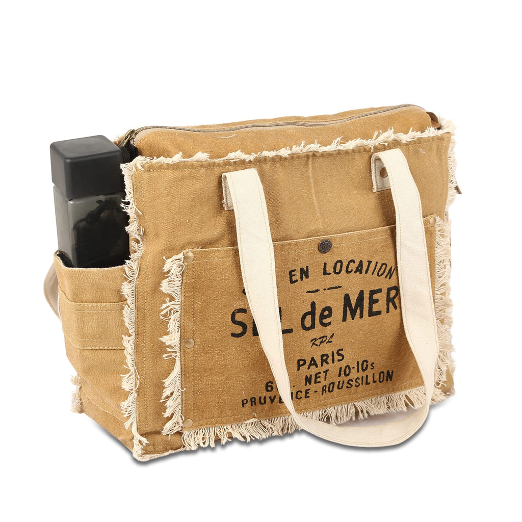 SEL de MER Upcycled Large Canvas Crossbody/shoulder Bag for women with removable shoulder strap canvas tote boho handbag (Khakhi)